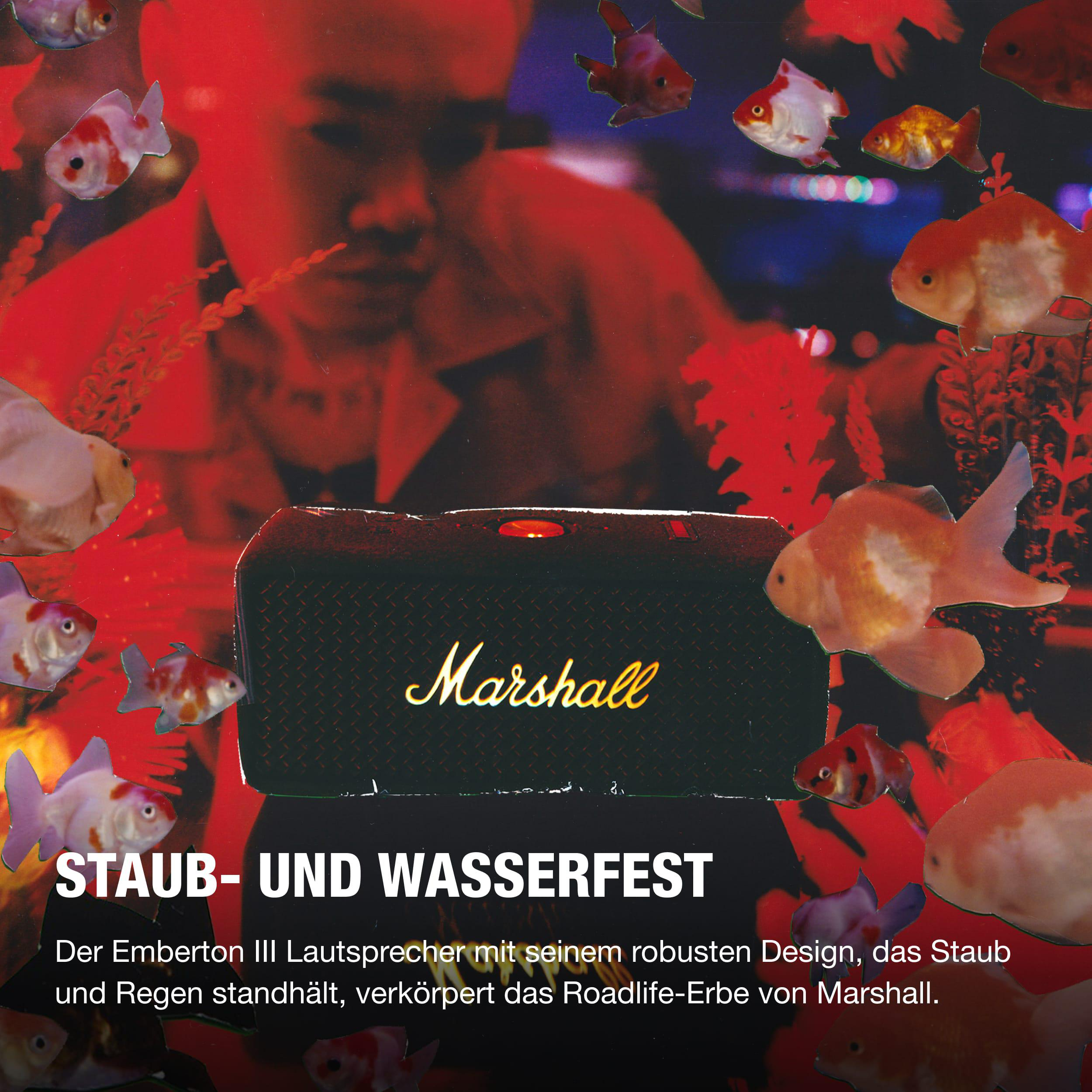 Schwarzer Marshall-Lautsprecher, umgeben von Goldfischen, roter Hintergrundbeleuchtung.