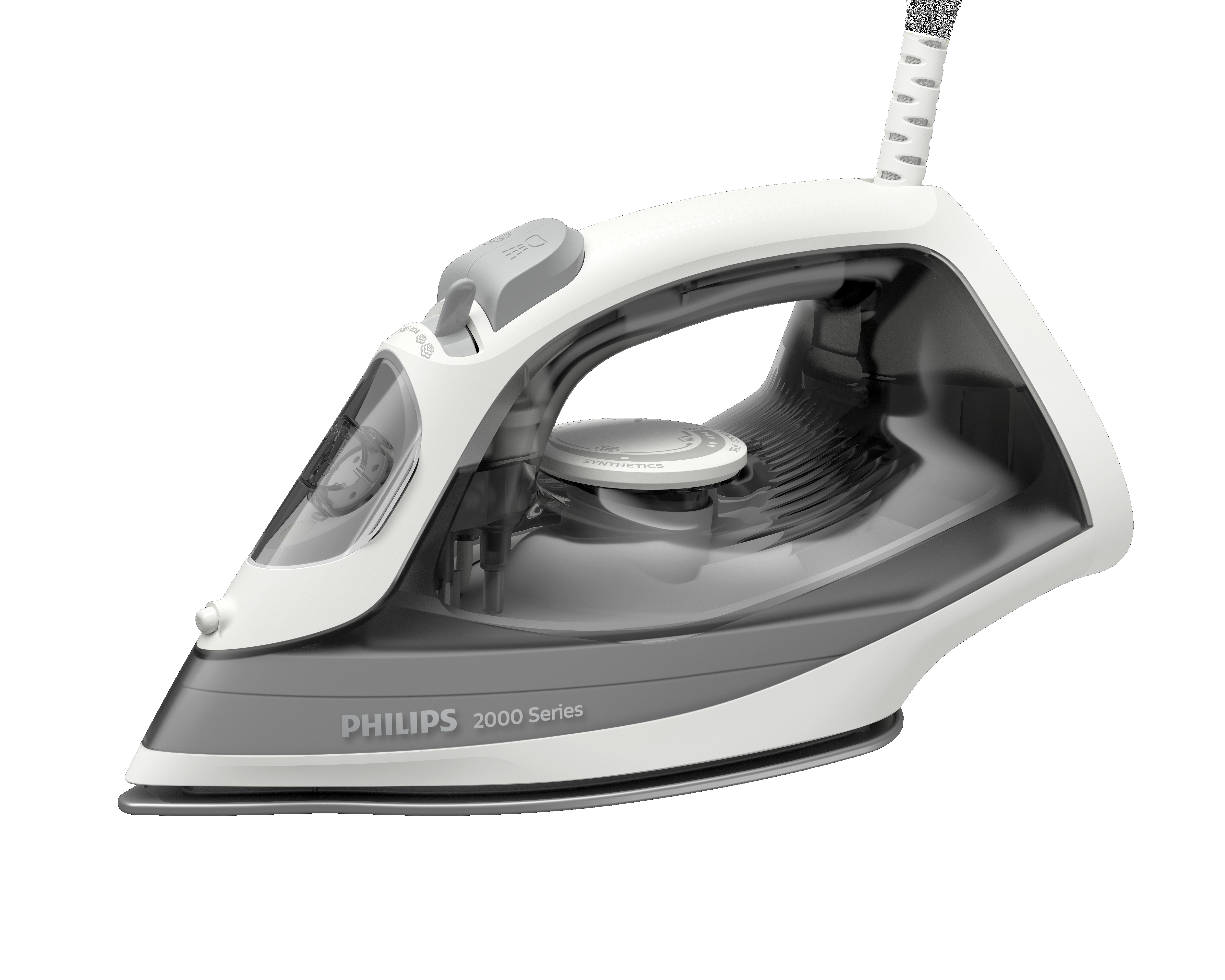 Ein weißes und graues Philips Bügeleisen. Es hat einen Wassertank und eine Basis.