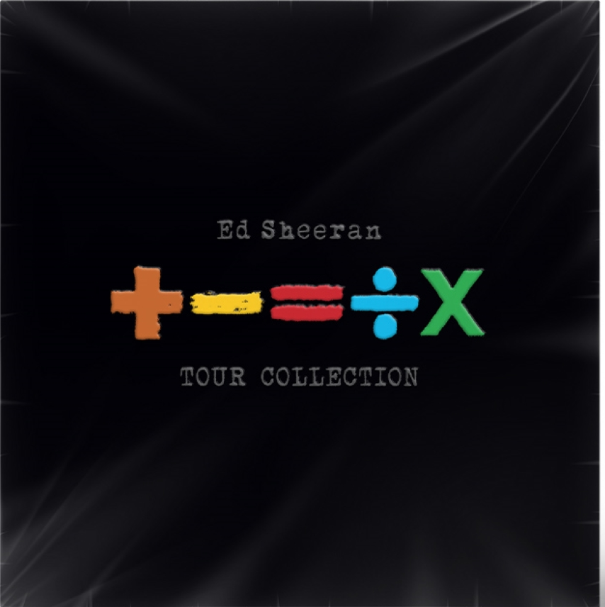 Albumcover mit Text 'Ed Sheeran' und farbigen Mathe-Symbolen und 'TOUR COLLECTION' auf schwarzem Hintergrund.