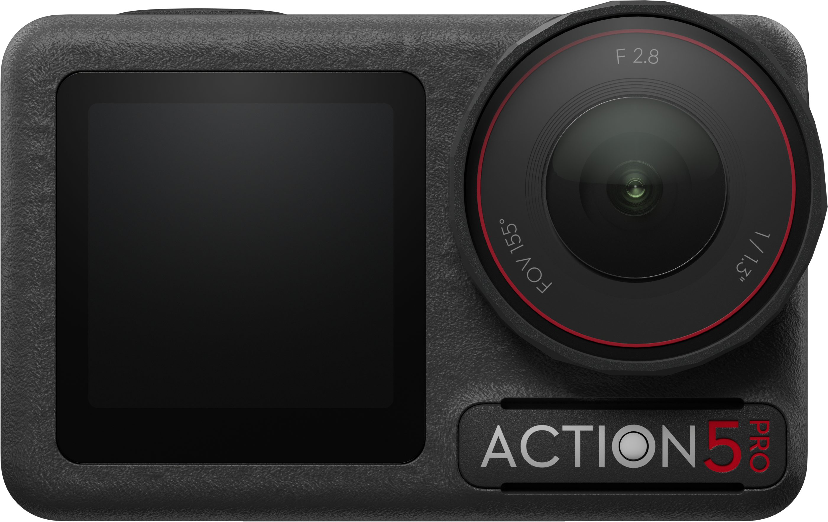 Action 5 Pro Kamera, schwarz, mit Objektiv und Bildschirm. Das Objektiv hat einen roten Ring. Action 5 Pro unten.