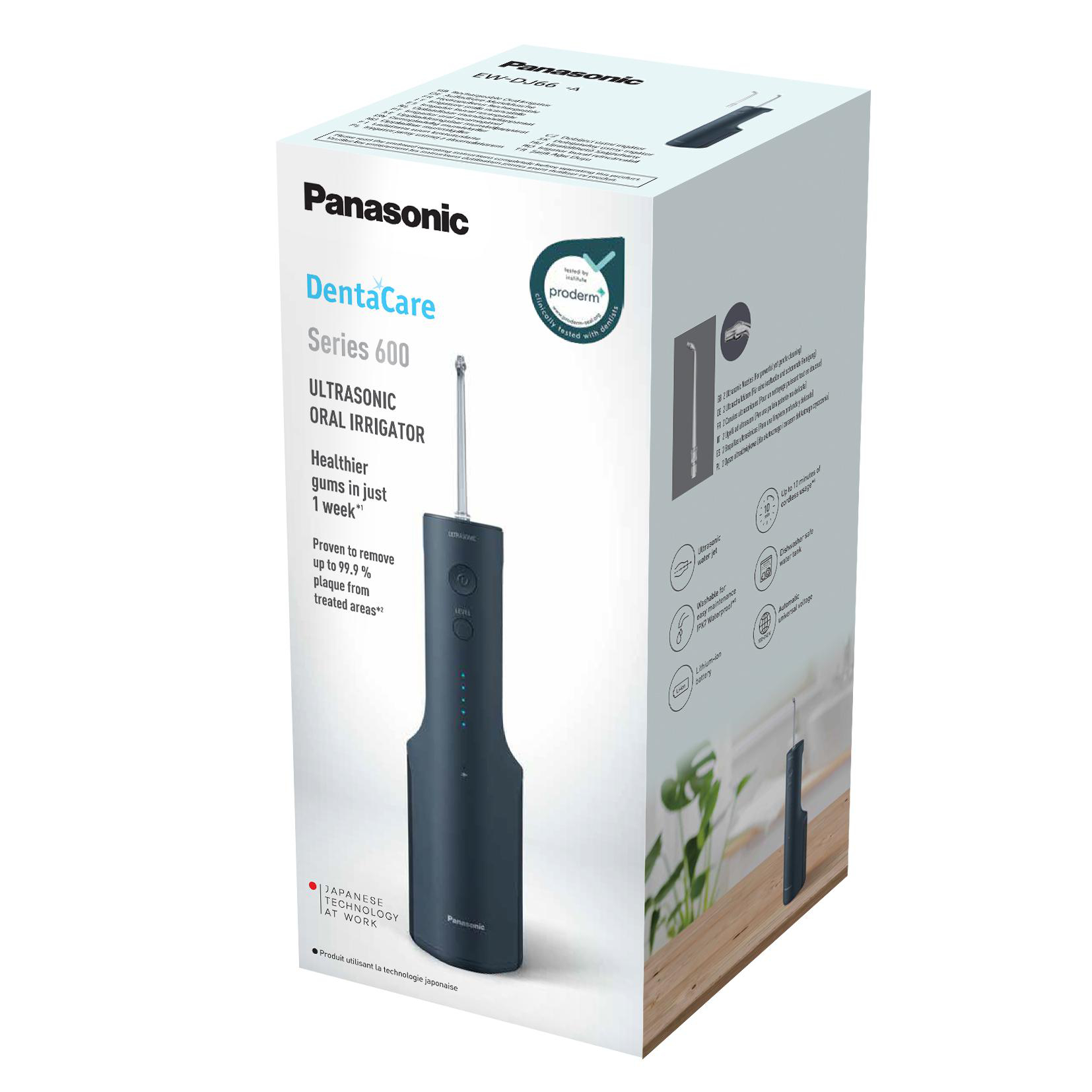 Ein Panasonic DentaCare Series 600 Ultraschall-Munddusche in der Verpackung auf weißem Grund.