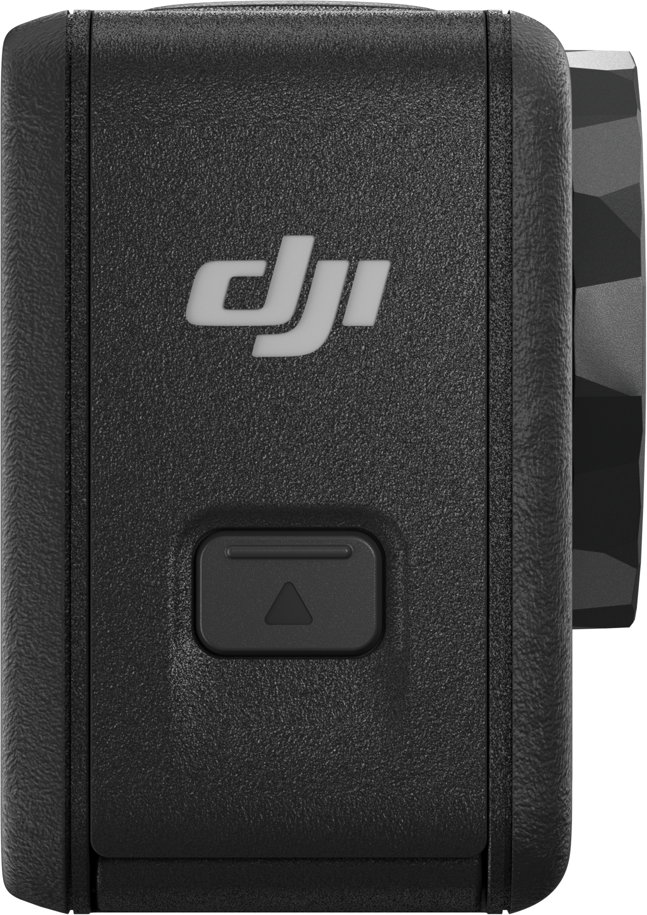 Schwarze Action-Kamera mit DJI-Logo und Taste, Nahaufnahme.