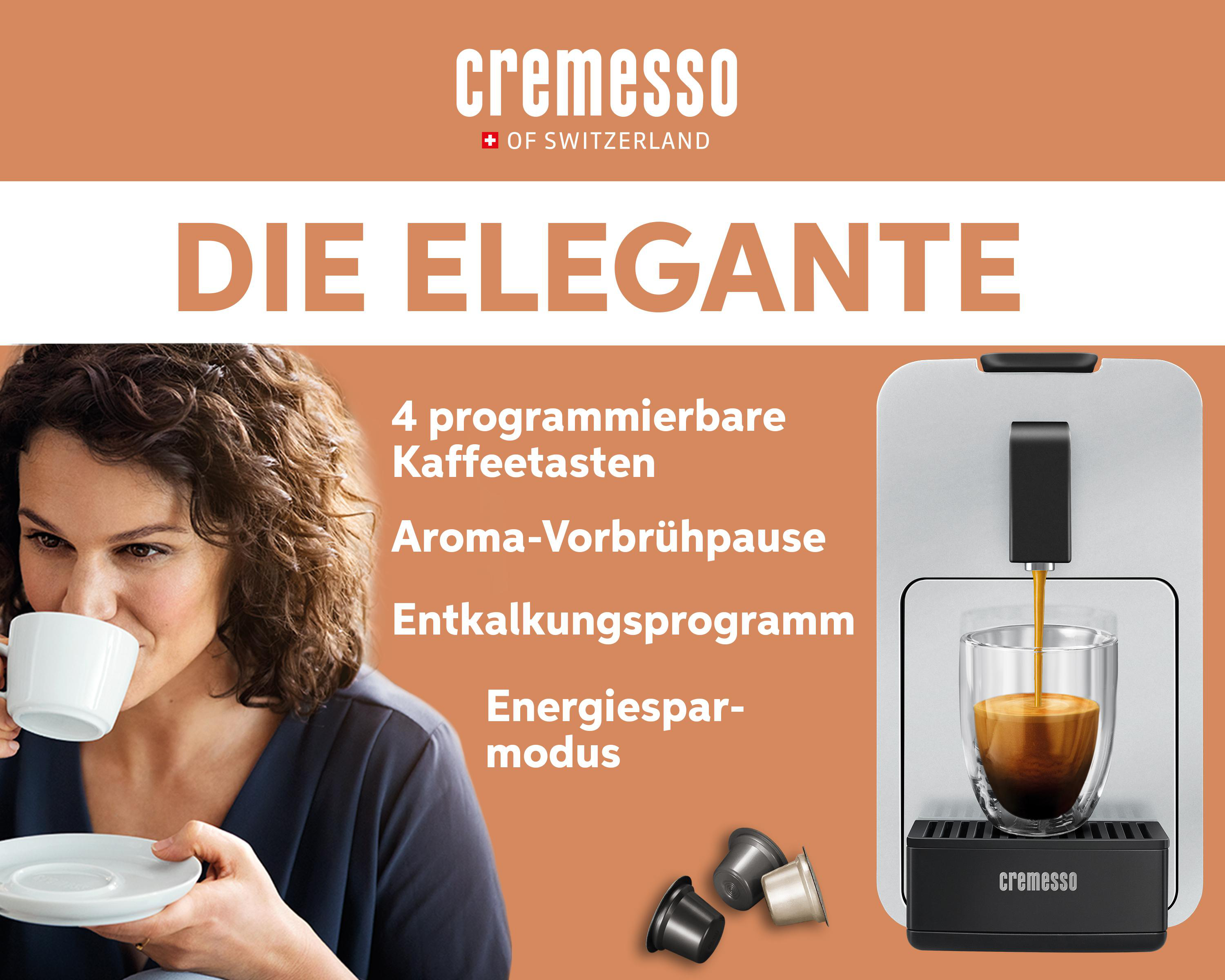 Frau mit Tasse neben Kaffeemaschine. Text: Die Elegante. Funktionen: Programmierbare Tasten, Aroma, Entkalkung, Energiesparmodus.