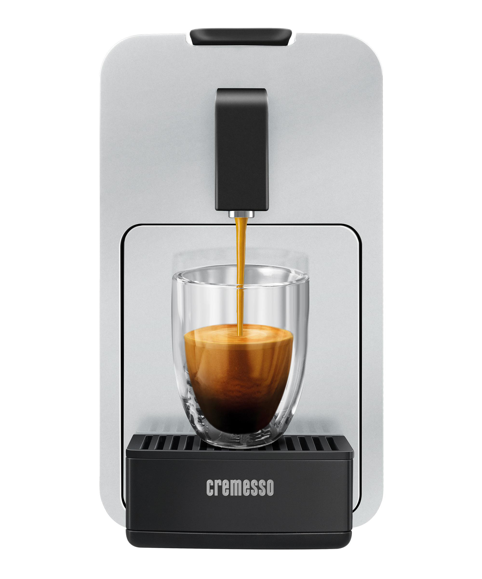 Espressomaschine gibt Kaffee in ein Glas aus, Nahaufnahme, silber und schwarz.