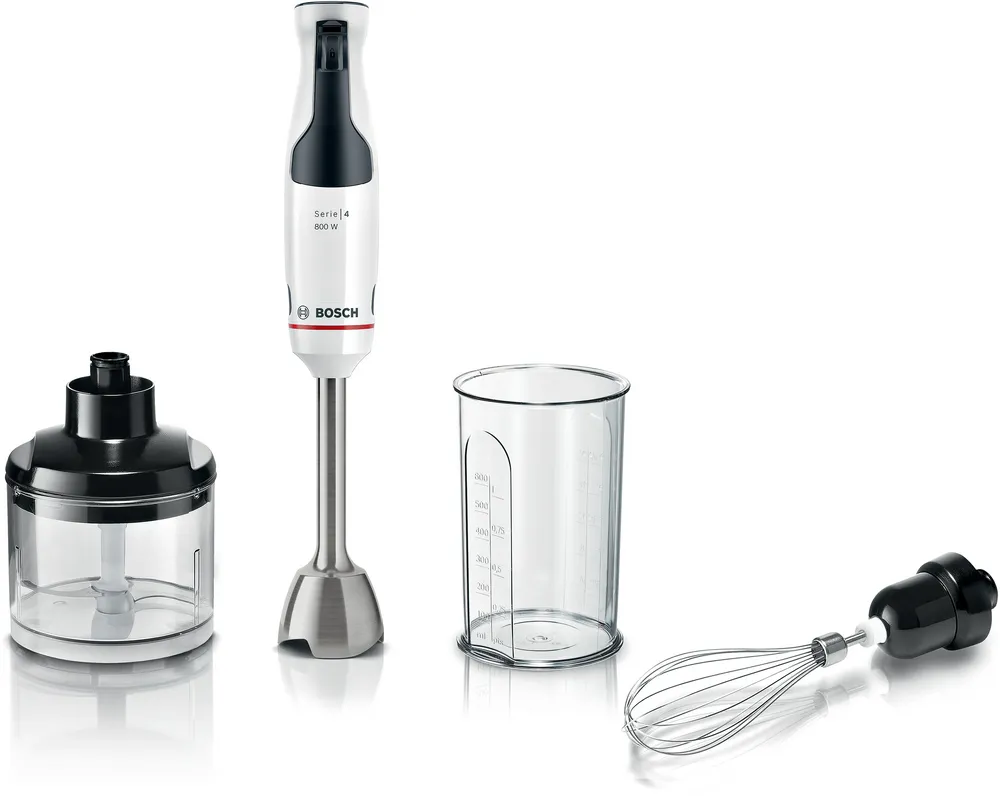 Bosch botmixer tartozékokkal: aprító, pohár és habverő.