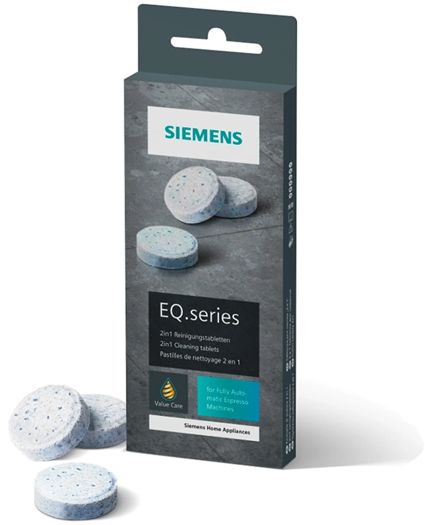 Egy doboz Siemens EQ.series tisztítótabletta. A doboz szürke és kék, a tabletták láthatók. A háttér fehér.