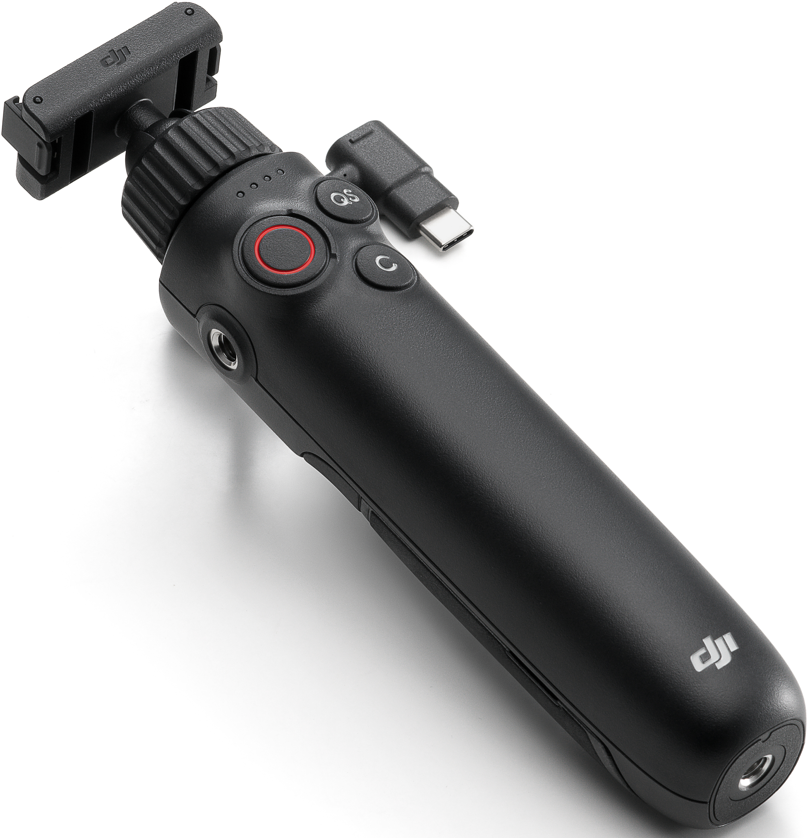 Schwarzer Selfie-Stick mit Knöpfen, Handyhalterung und USB-C-Anschluss.