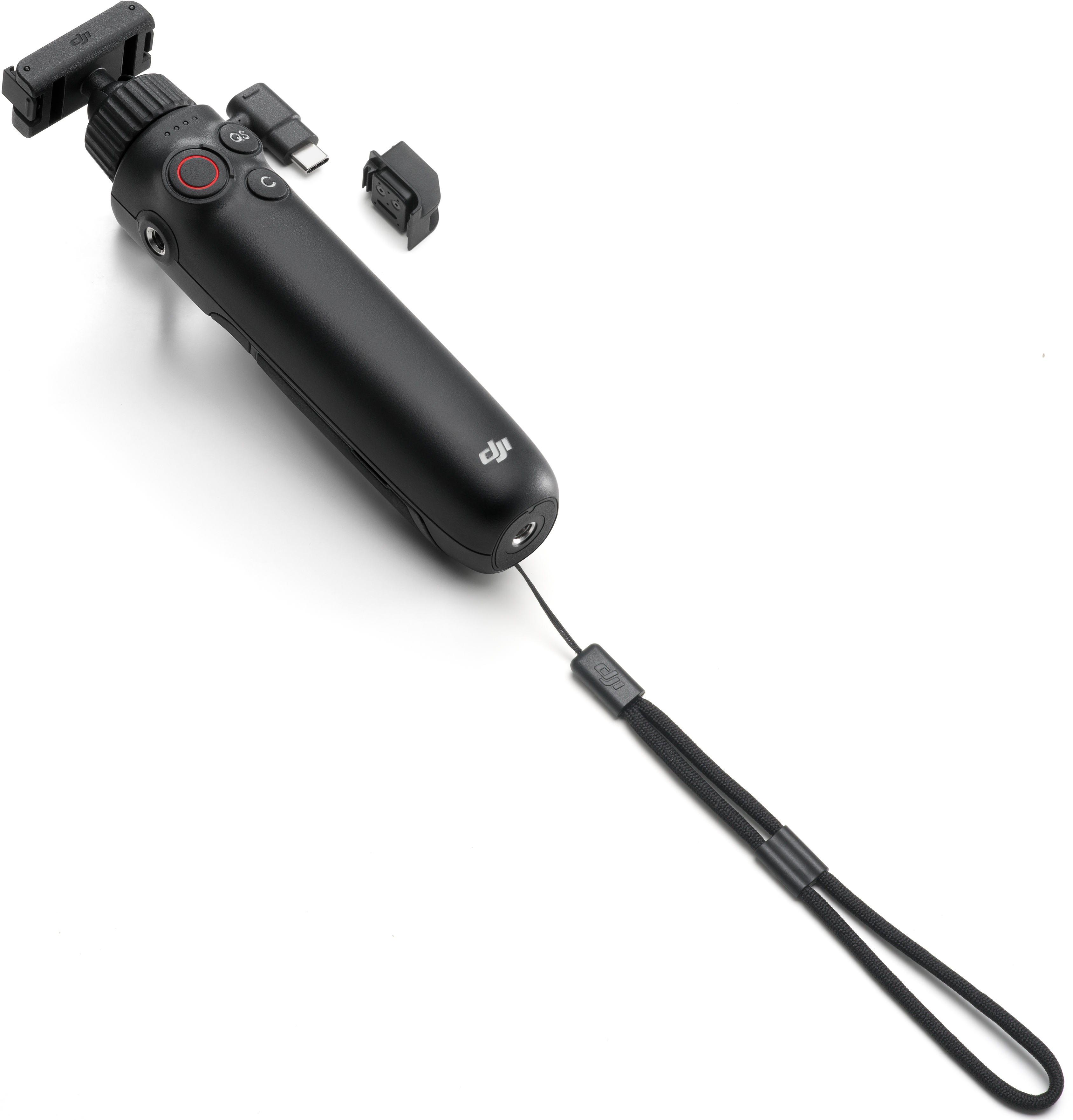 Schwarzes Dji Osmo Pocket 3 mit Zubehör auf weißem Hintergrund. Inklusive Handschlaufe.