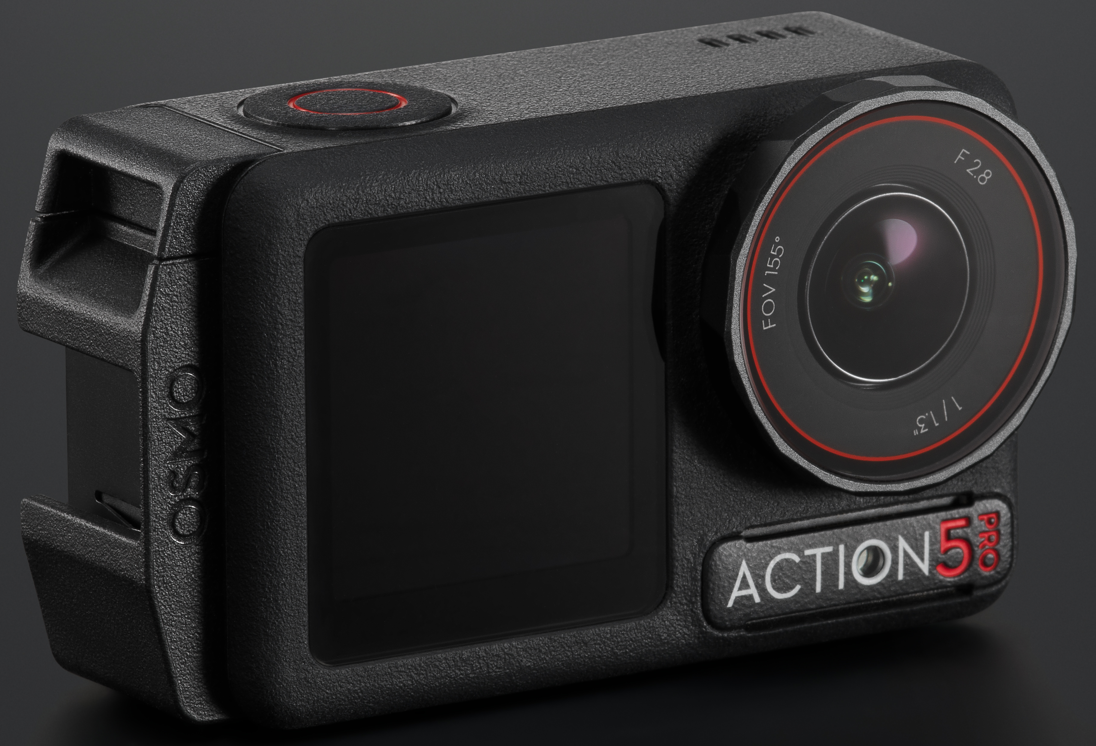 Schwarze Action-Kamera, Objektiv und Bildschirm sichtbar. Text 'ACTION 5R'.