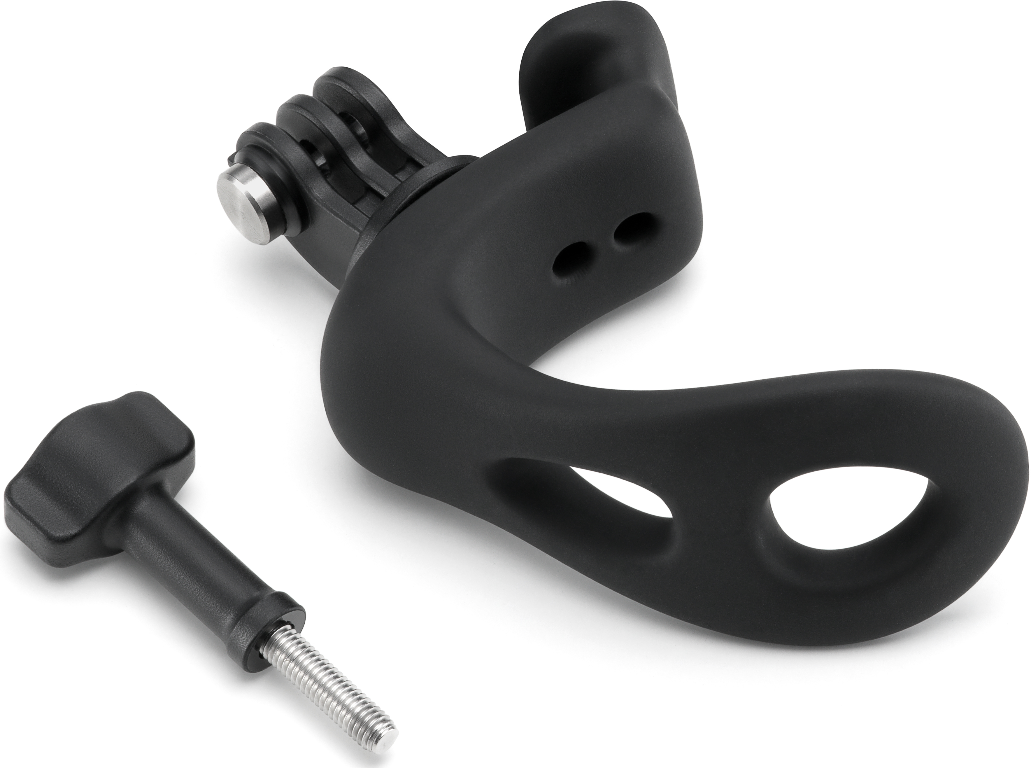 Schwarzes GoPro-Halterungszubehör mit Schraube und gebogenem Design.