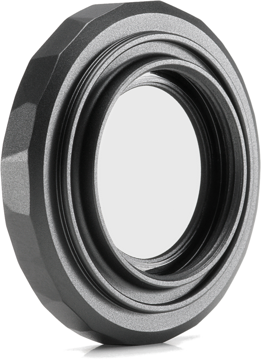 Nahaufnahme eines Objektivfilters mit dunkelgrauem, abgewinkeltem Design und klarem Zentrum.