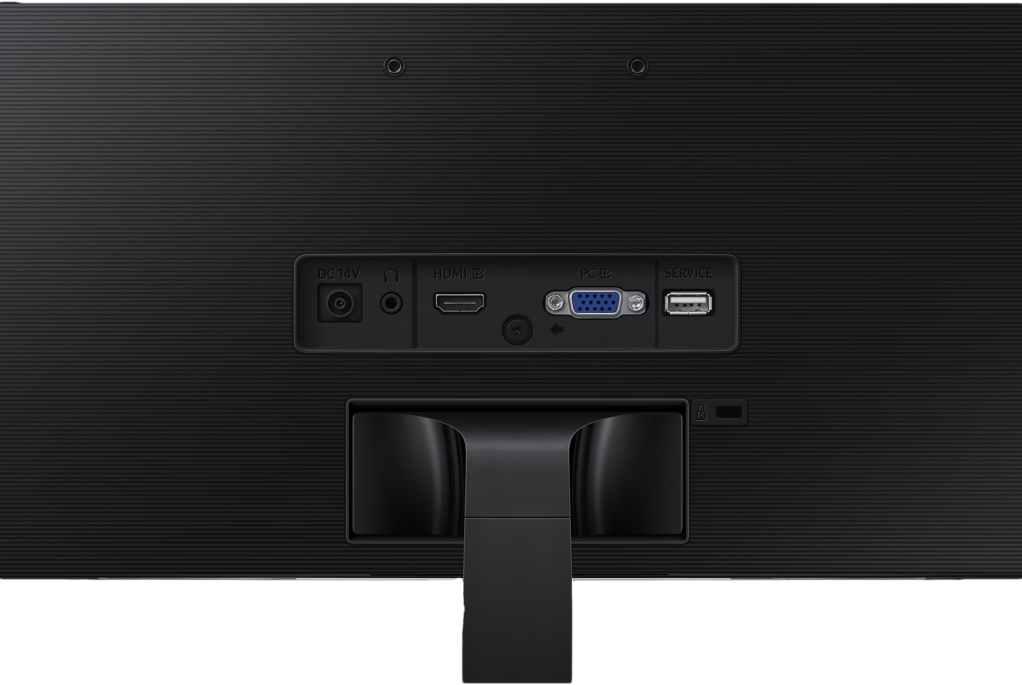 Fekete monitor hátulja, tápcsatlakozókkal, HDMI-vel, VGA-val és USB-vel.