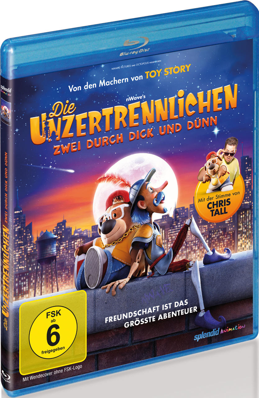 Blu-ray Cover: Zwei Zeichentrickfiguren sitzen auf einer Mauer vor einer Stadtkulisse bei Nacht.