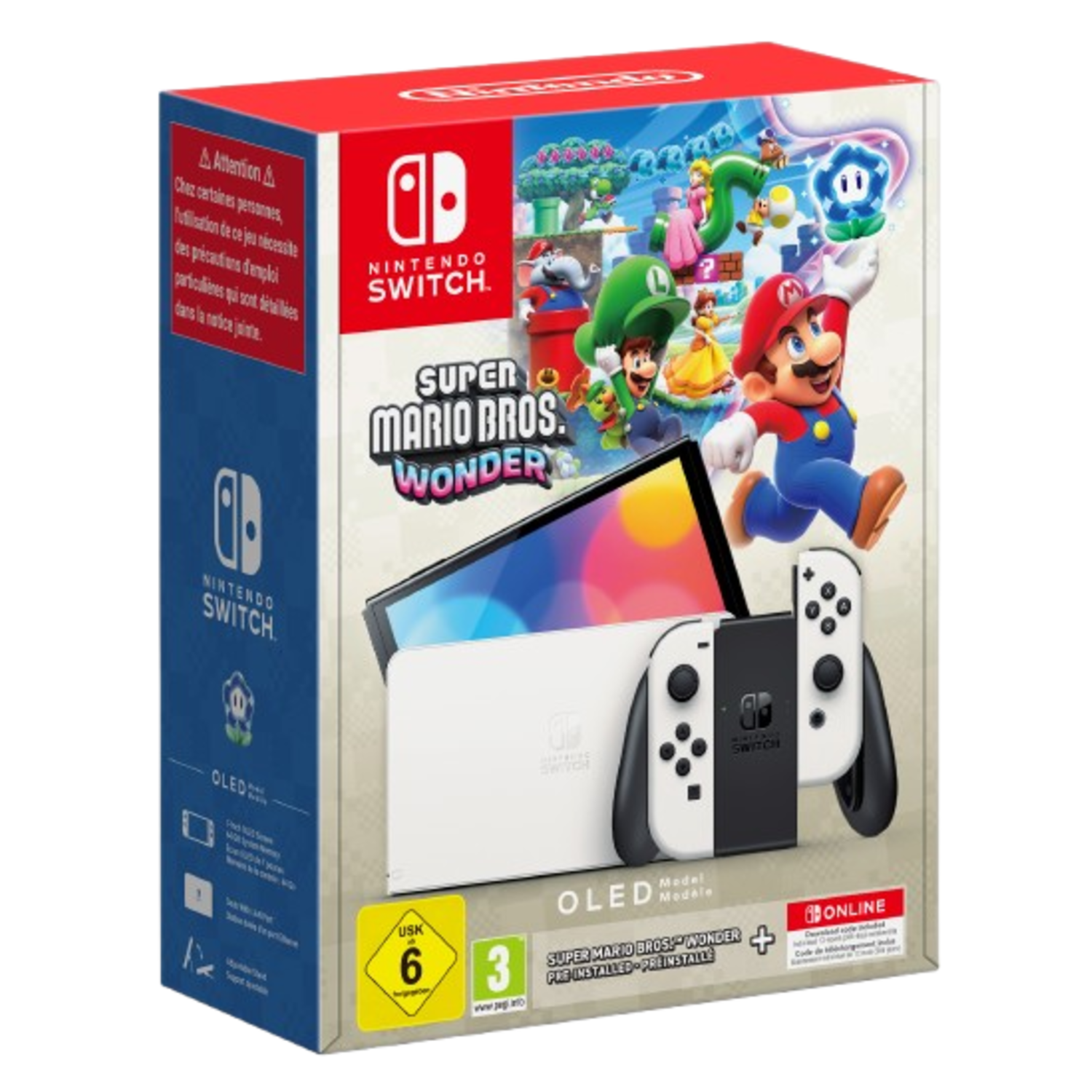 Nintendo Switch gamebox. Mario en Luigi staan op de voorkant, met de console en controllers.