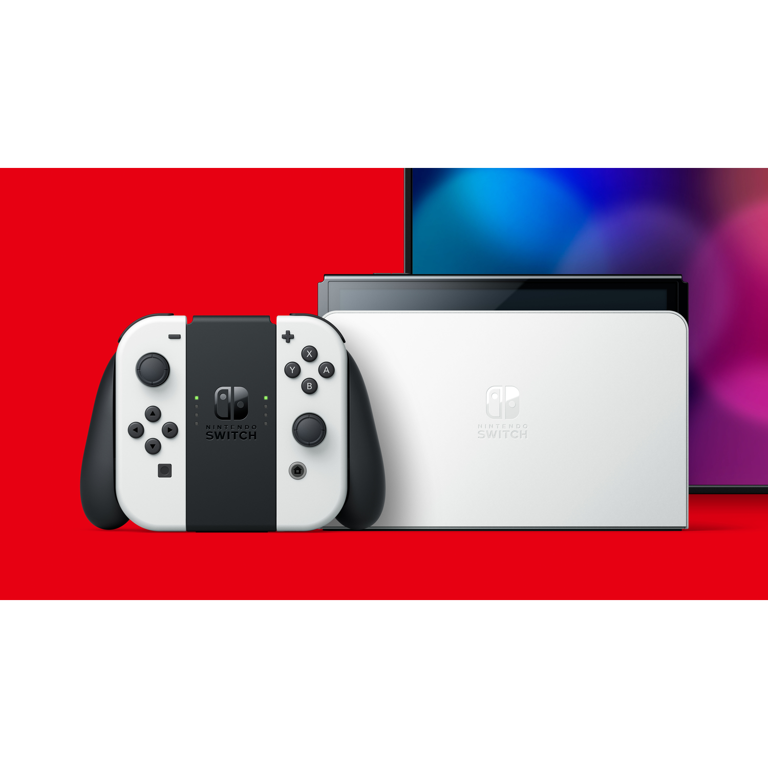 Een wit en zwart Nintendo Switch console en controllers op een rode en blauwe achtergrond.