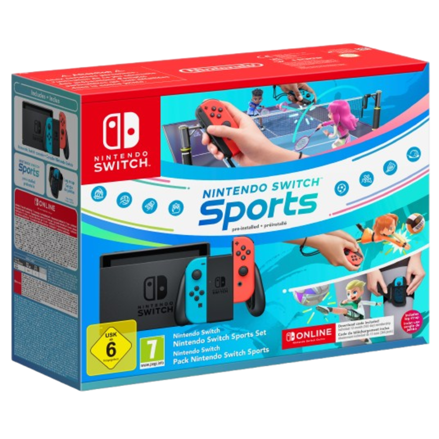 Nintendo Switch Sports gamebox. Inclusief console, controllers en game-afbeeldingen. Rood en blauw kleurenschema.