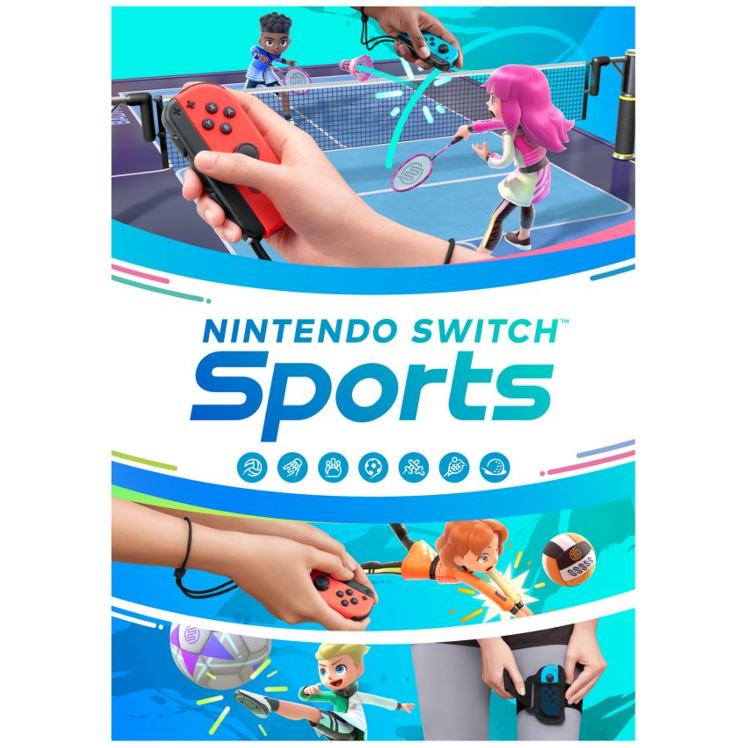 Nintendo Switch gamebox met handen die tennis, badminton en andere sporten spelen.