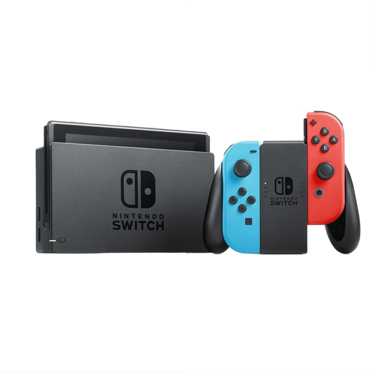 Nintendo Switch console met dock en blauwe/rode Joy-Cons op zwart oppervlak.