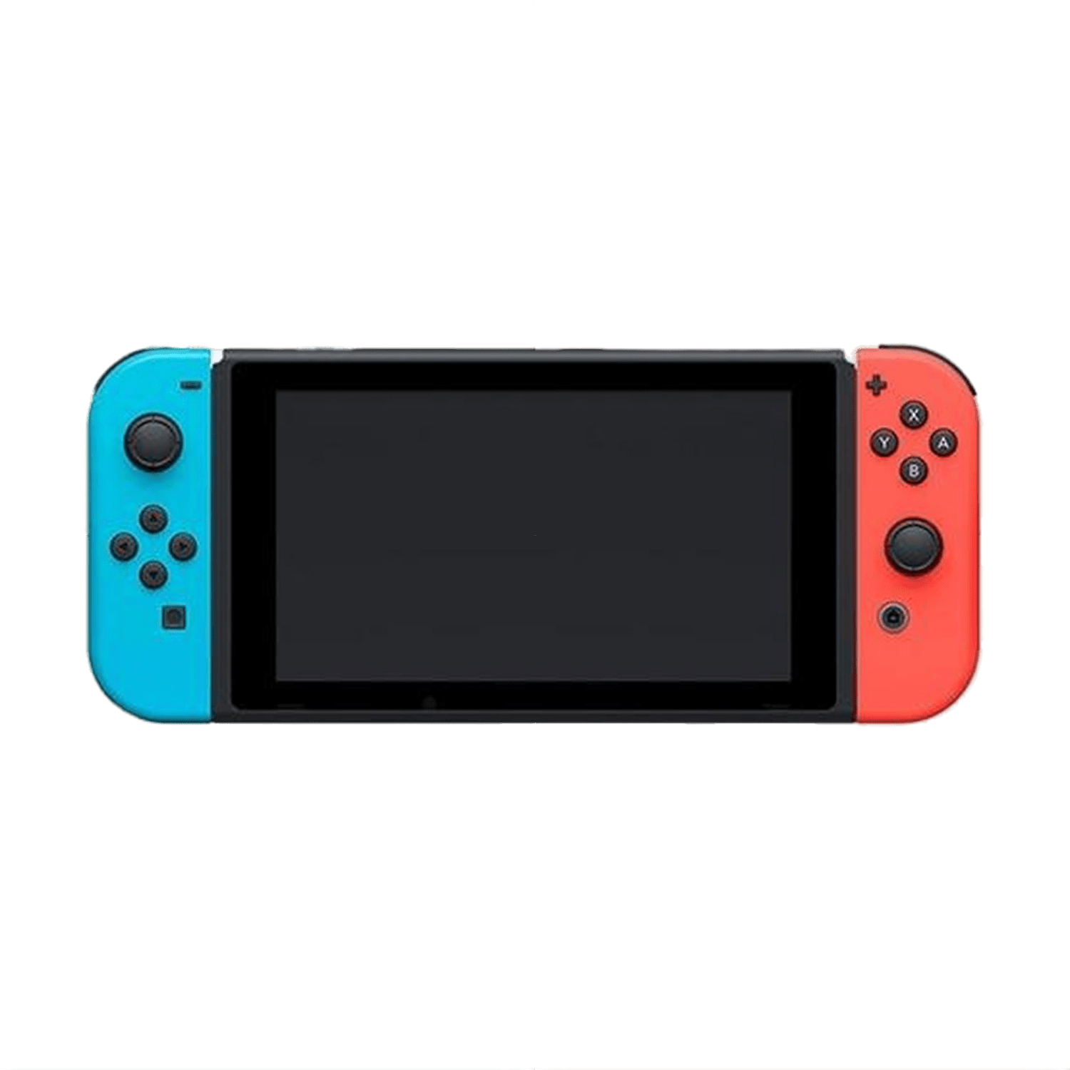 Blauwe en rode gamecontroller op zwarte achtergrond.