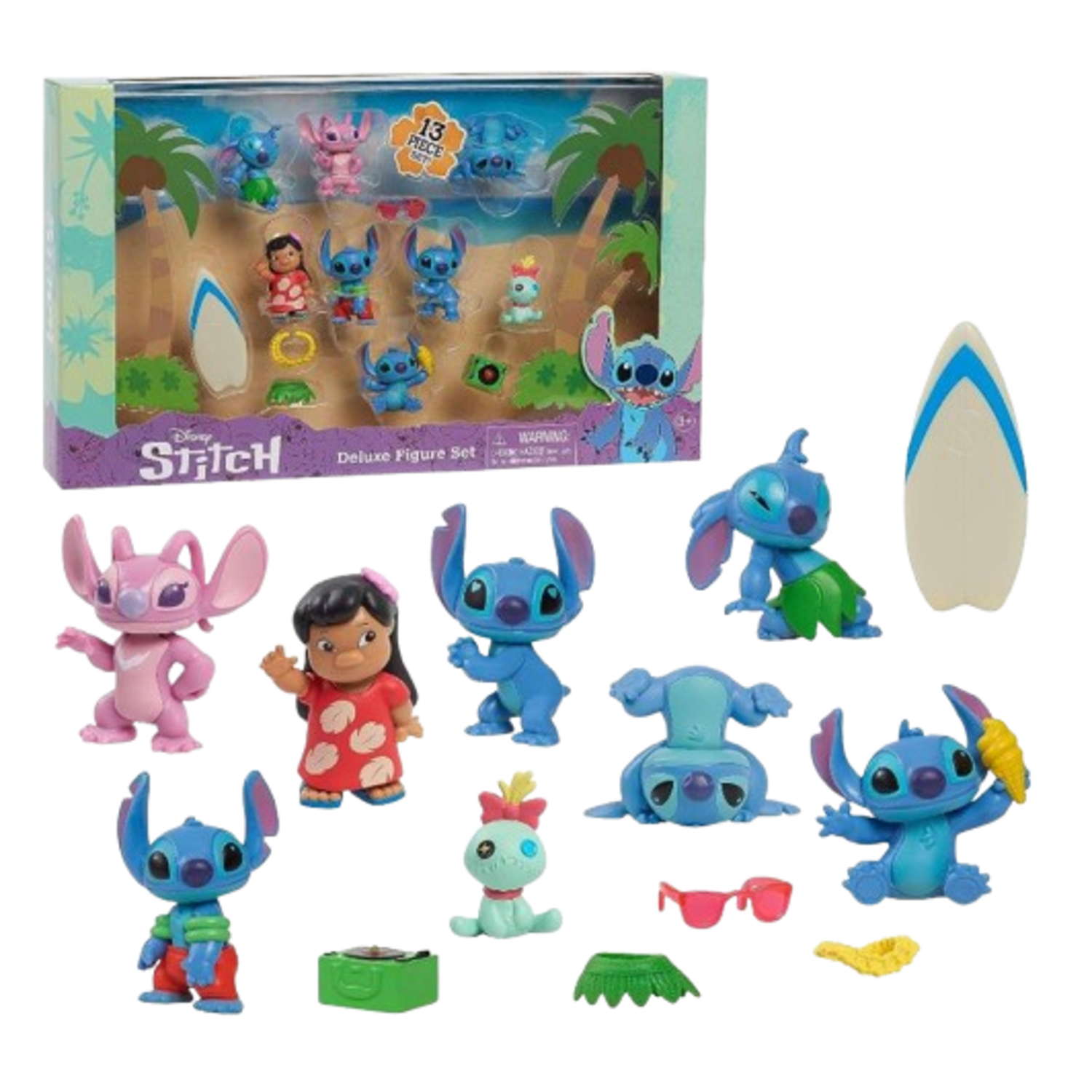 Ensemble de figurines Stitch : plusieurs figurines Stitch dans une boîte et certaines à l'extérieur, dont une planche.