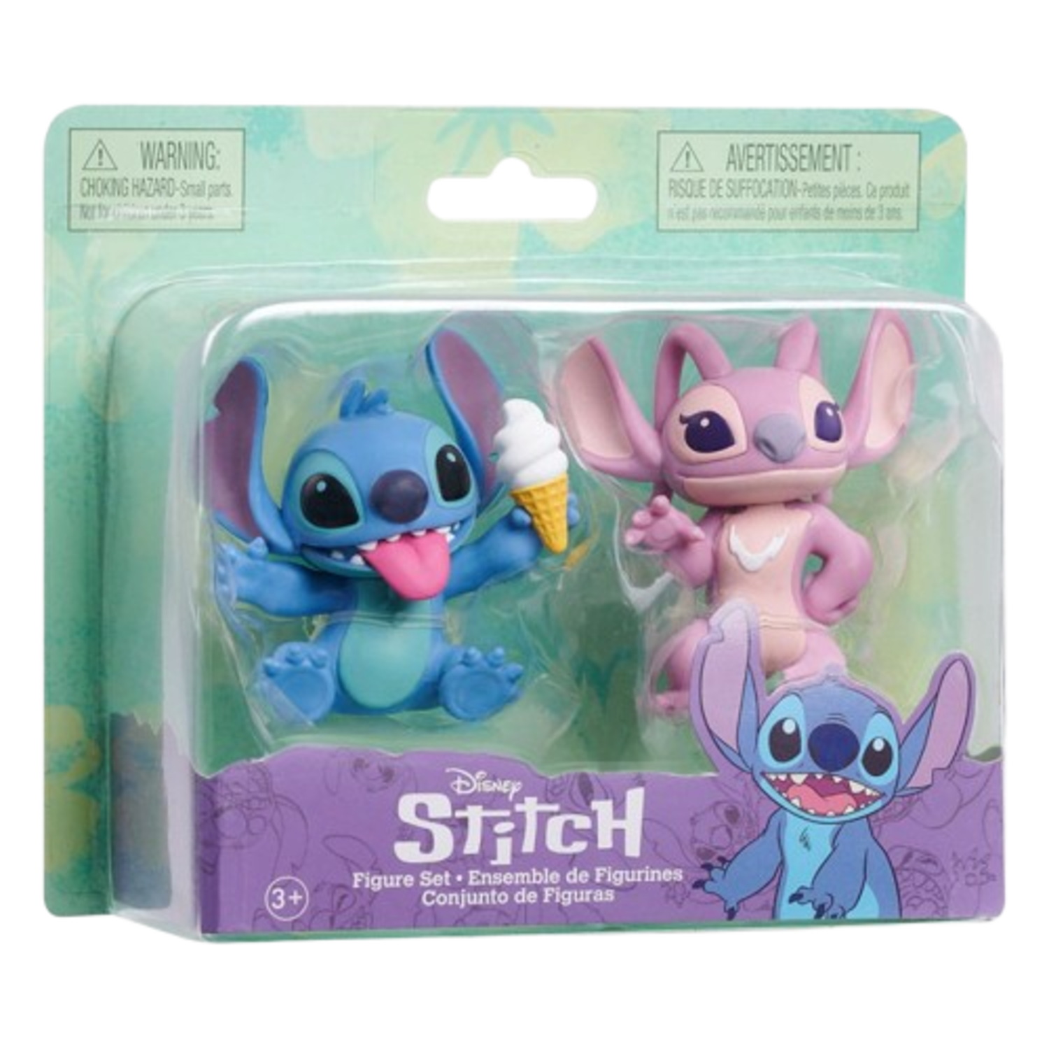 Disney Stitch- en Angel-figuren in een plastic verpakking. Beide zijn respectievelijk blauw en roze.