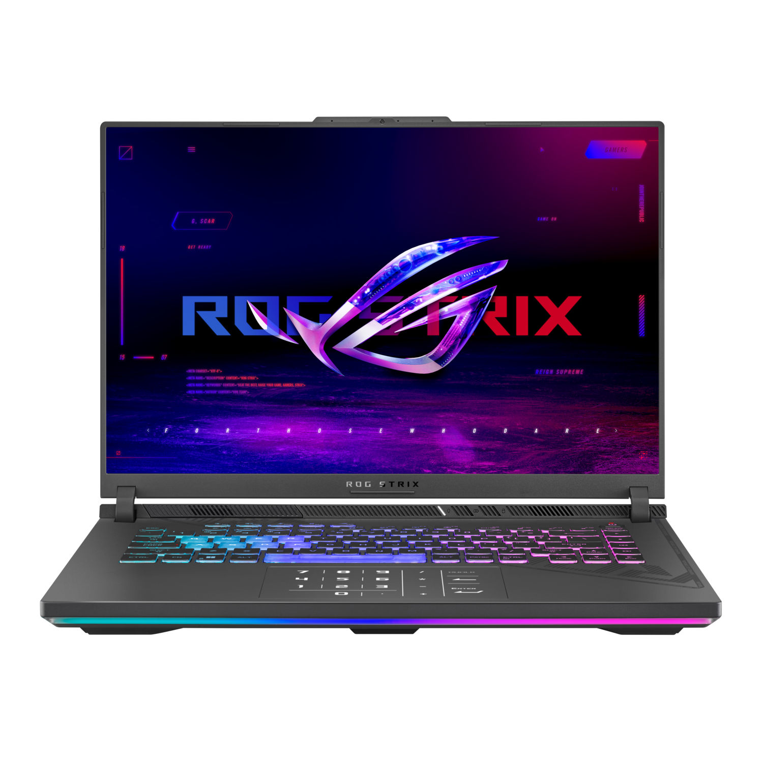 Open laptop met ROG STRIX logo. Toetsenbord met RGB-verlichting.