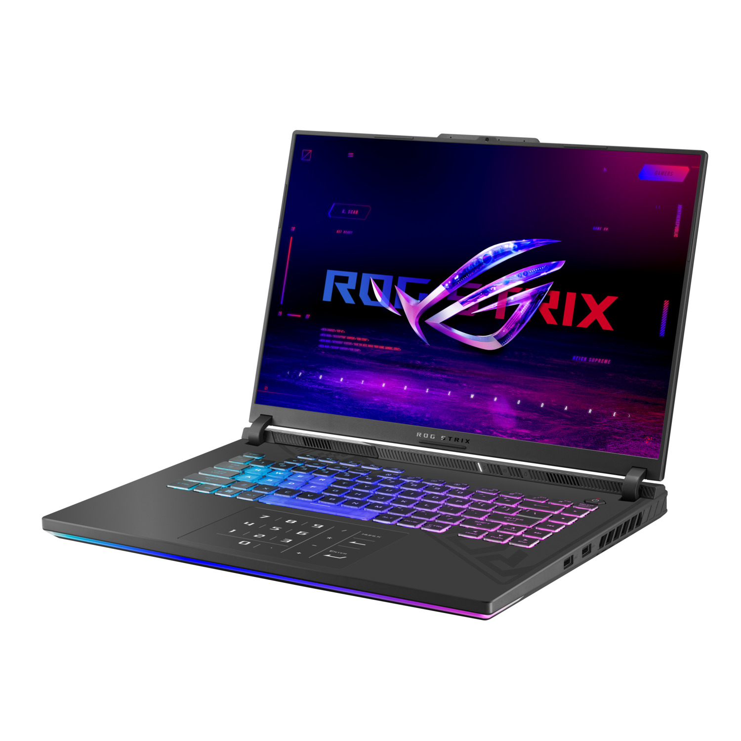 Een zwarte en grijze gaming laptop. Het scherm toont kleurrijke graphics. Het toetsenbord is verlicht met meerdere kleuren.