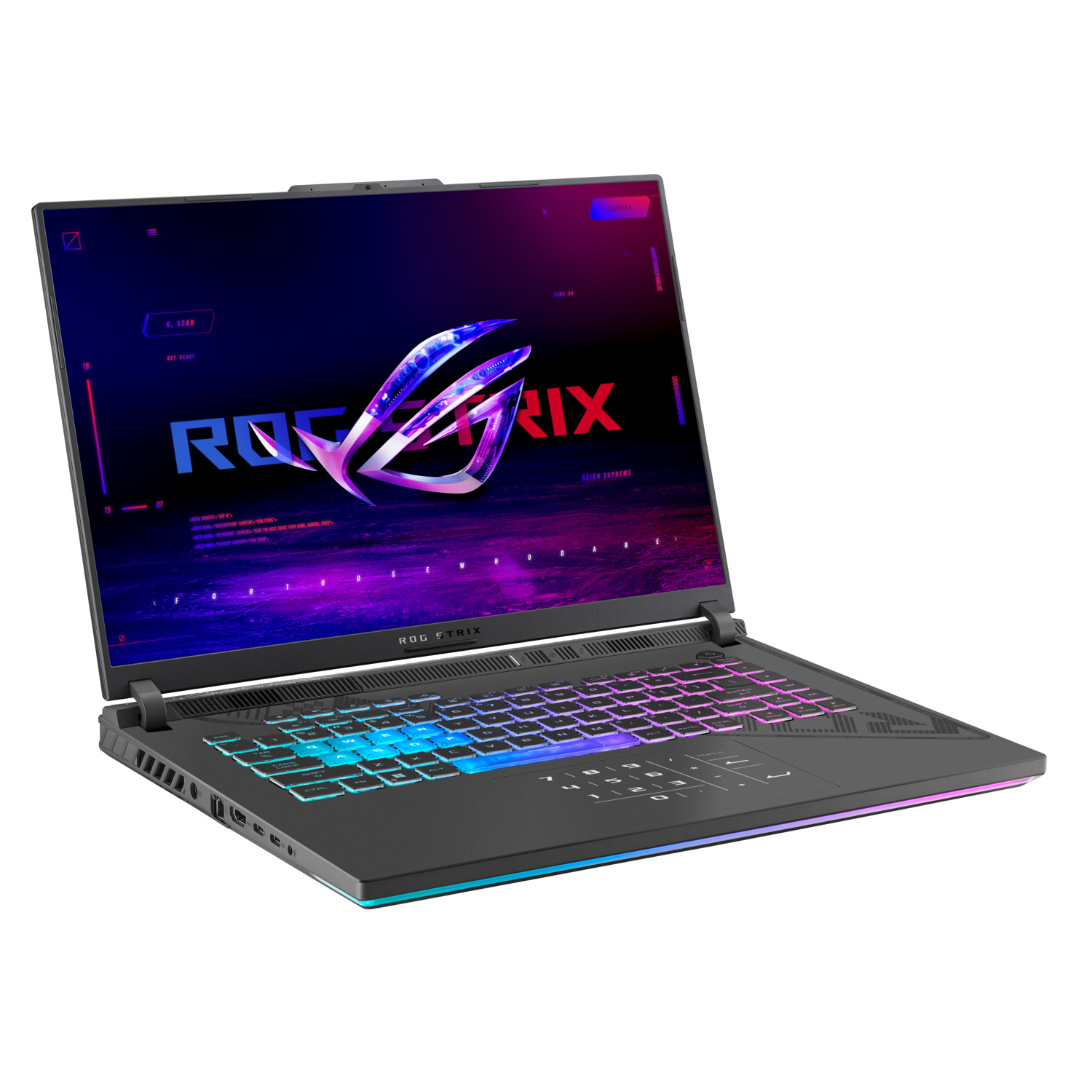Een laptop met een kleurrijk toetsenbord, met een gamingscherm.