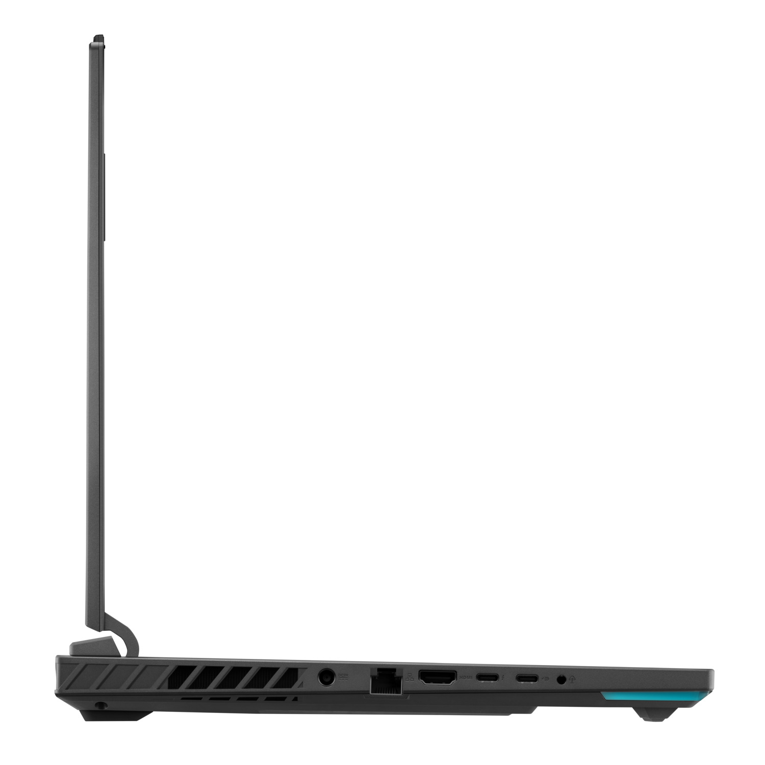 Zijaanzicht laptop, zwarte behuizing, open, met zichtbare poorten, tegen wit.