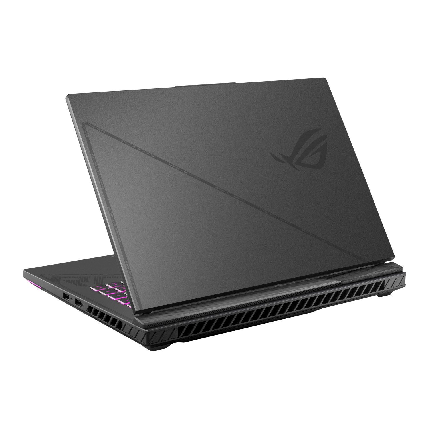 Laptop, achteraanzicht, zwart met verlicht toetsenbord.