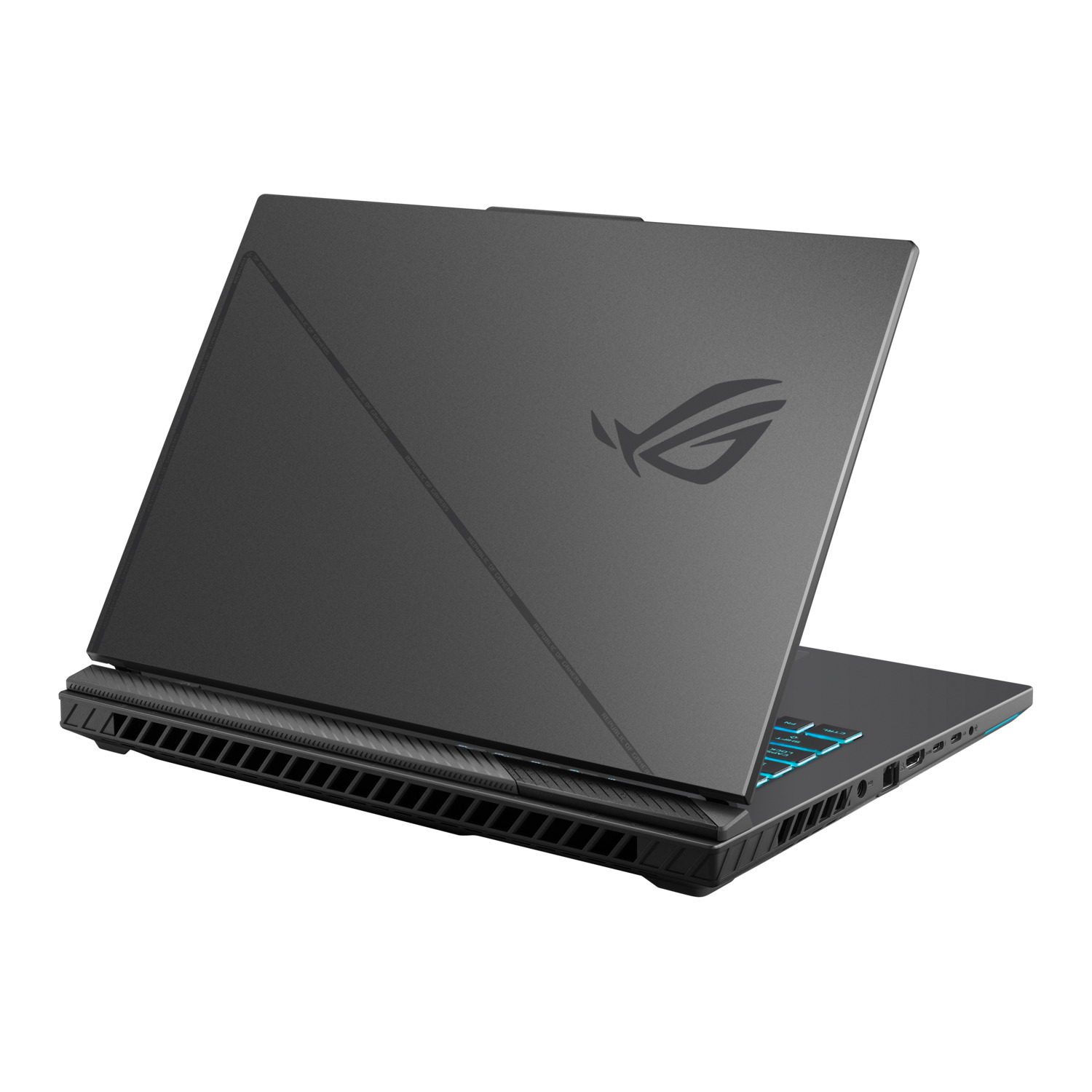 Achterkant van een grijze laptop, open, met oplichtend toetsenbord en logo.