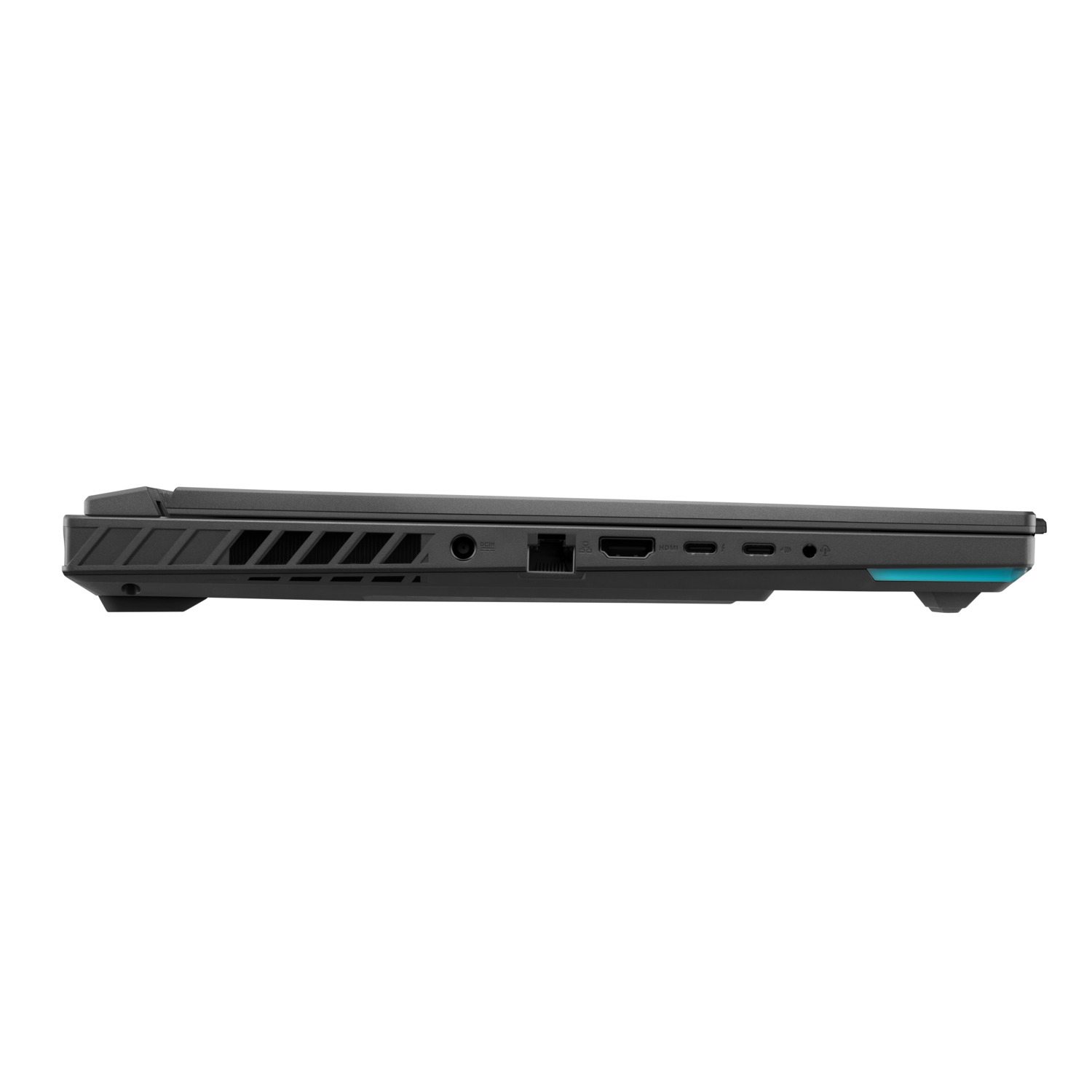 Zijaanzicht van een zwarte laptop met poorten en ventilatieopeningen.