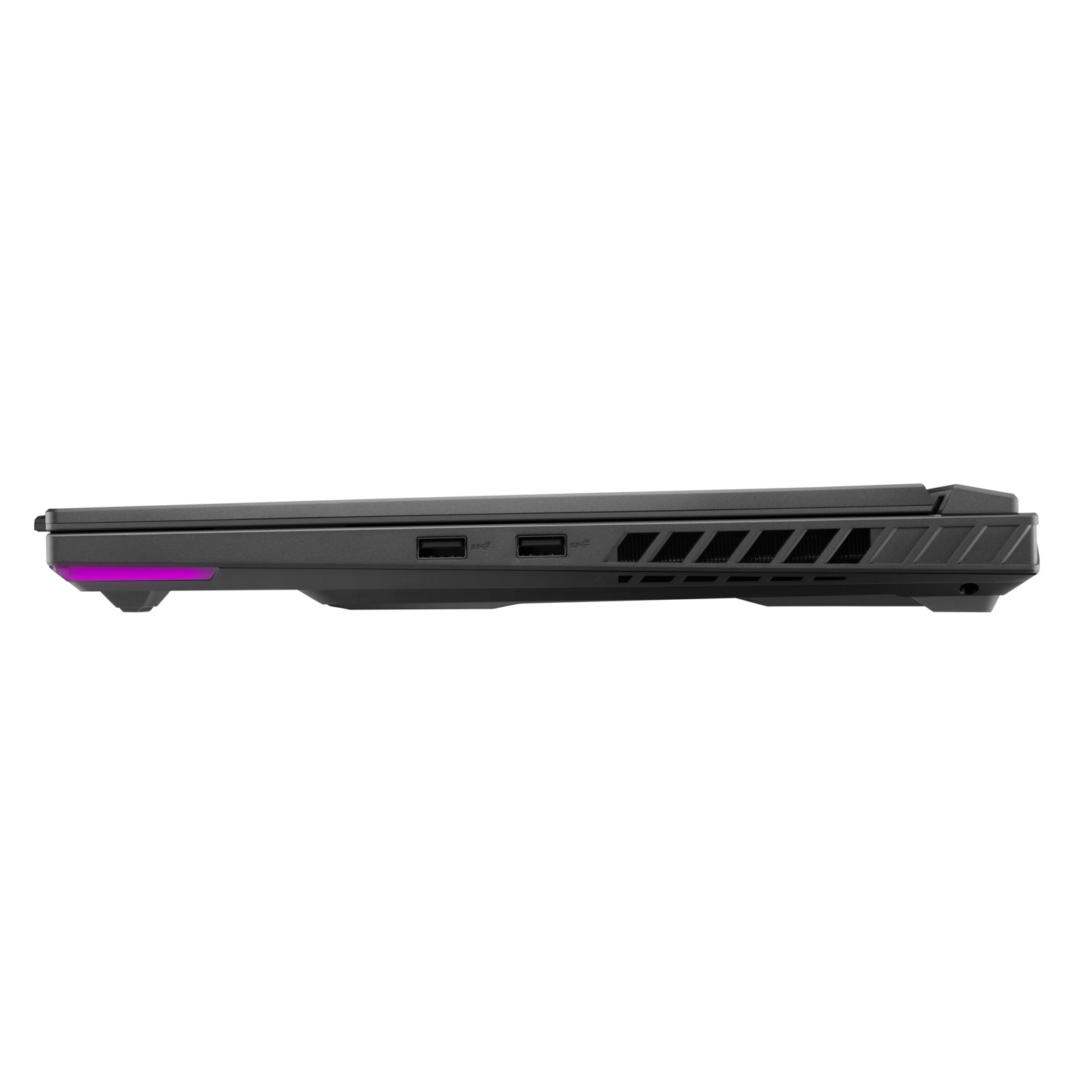 Een zwarte laptop, zijaanzicht. De laptop heeft poorten aan de zijkant en een paarse accent op de rand.
