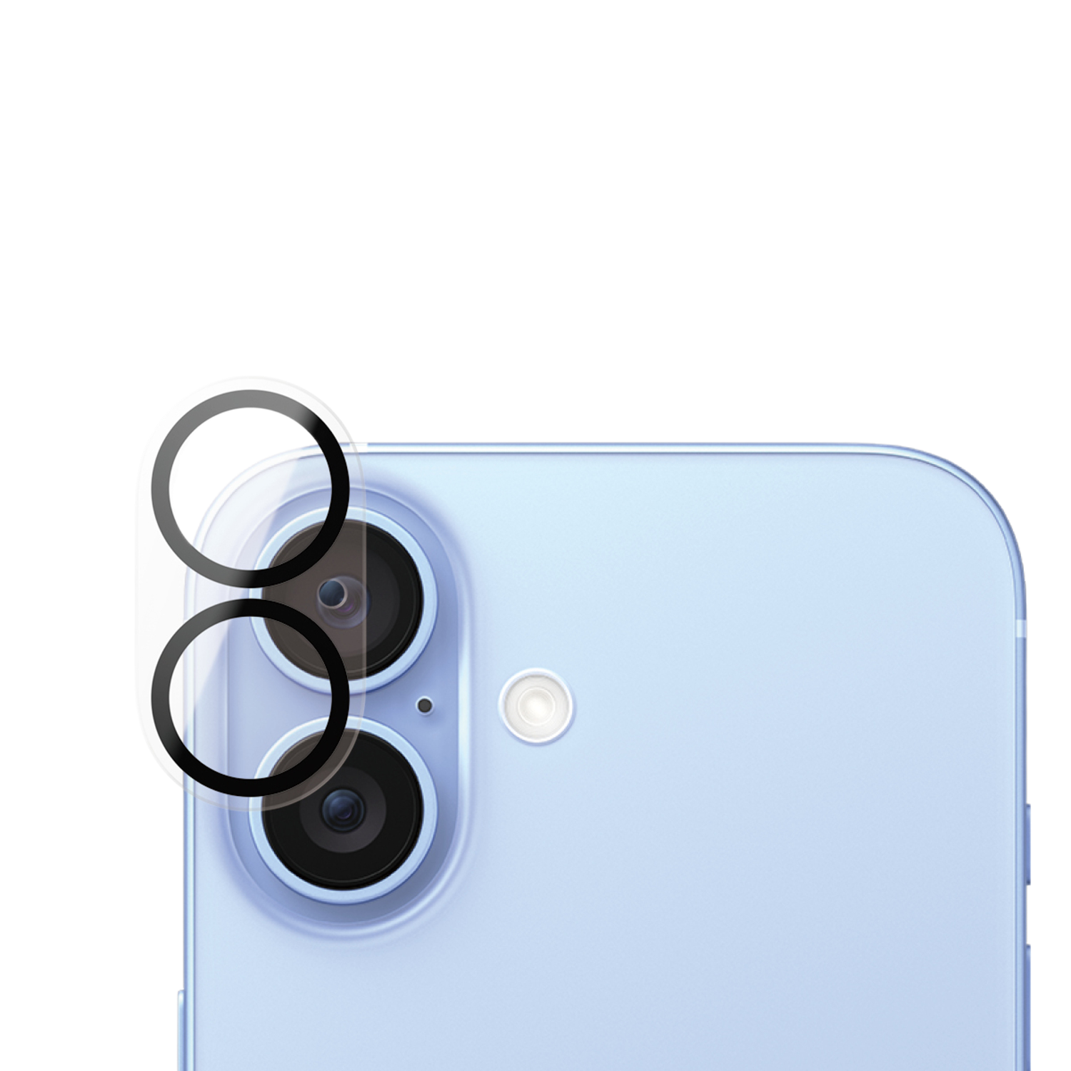 Gros plan d'un dos de téléphone bleu clair avec trois lentilles et un flash.