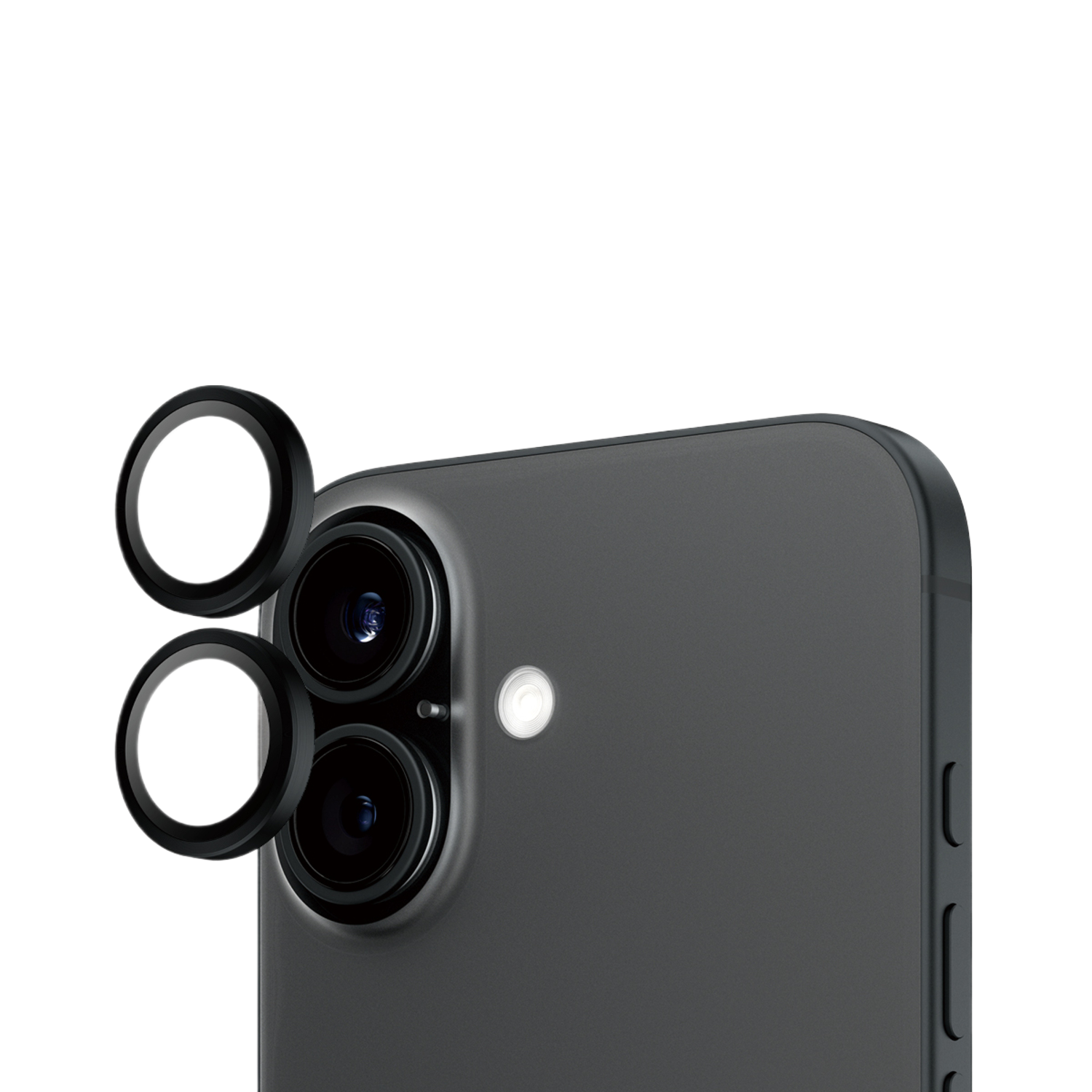 Téléphone noir avec trois lentilles de caméra à l'arrière. Trois protecteurs de lentilles au-dessus.