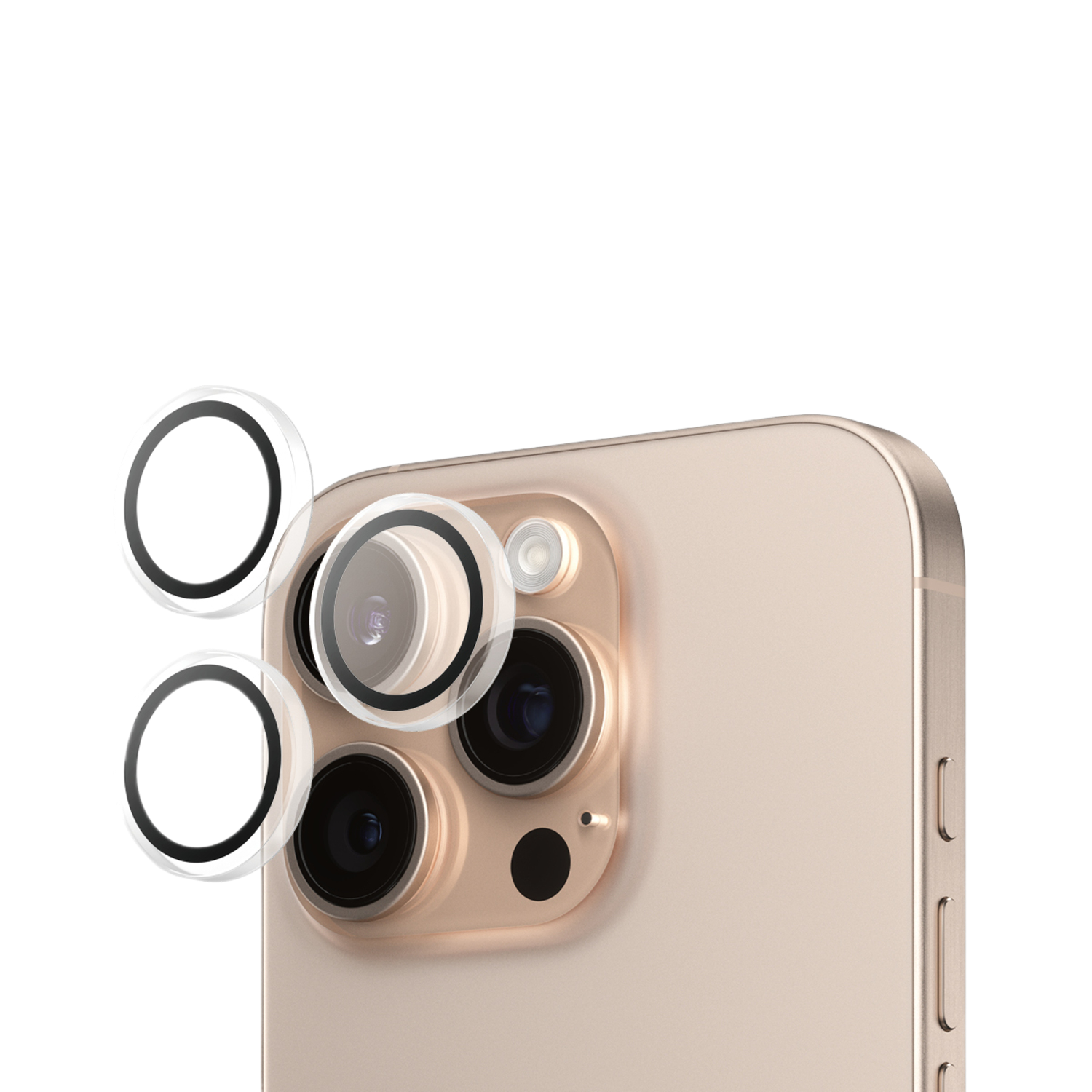 Gros plan d'un iPhone doré avec trois lentilles et deux caches objectifs détachés.