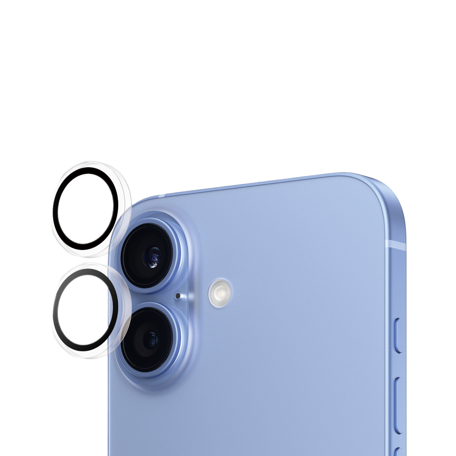 Gros plan d'un téléphone bleu clair avec deux objectifs et un flash. Fond noir.