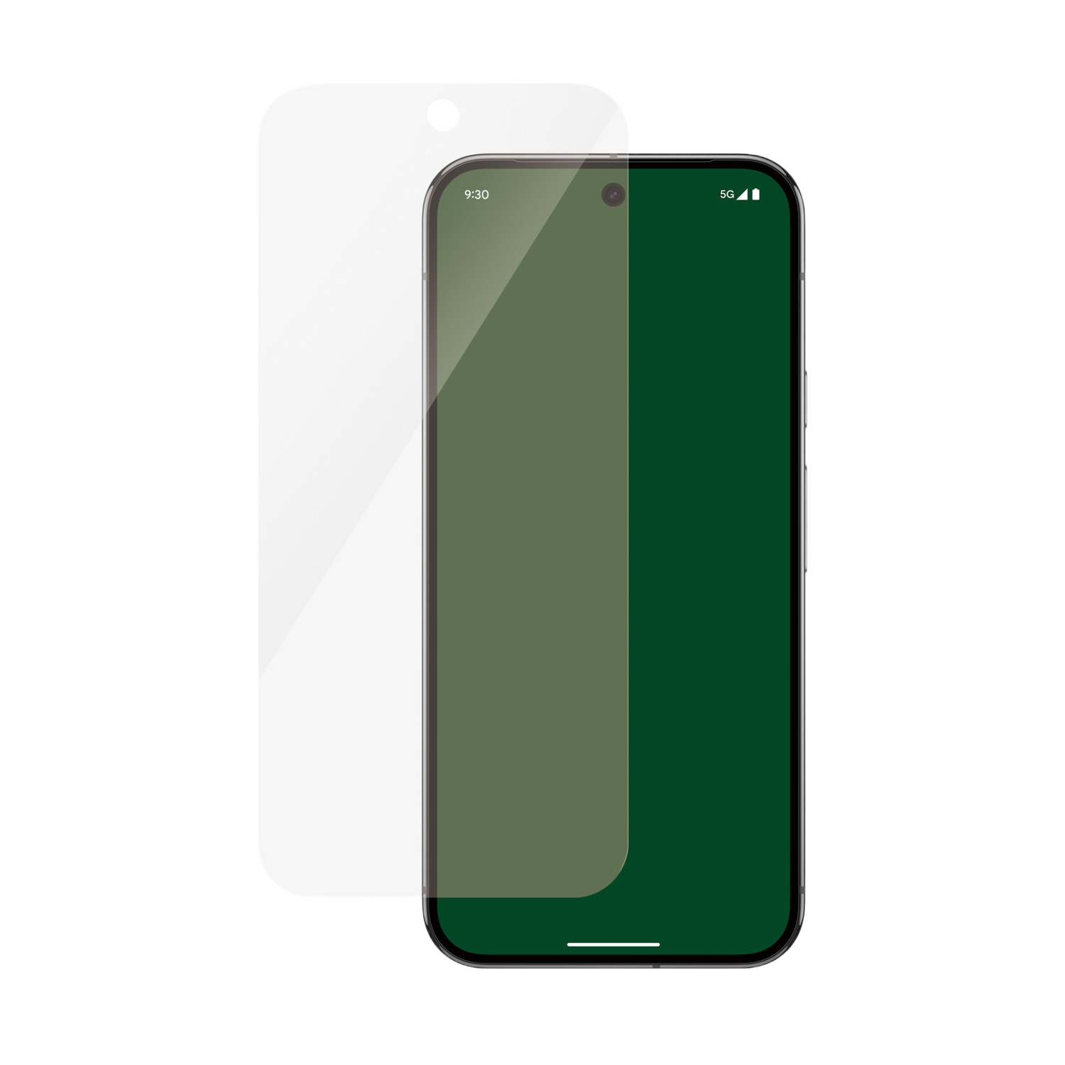 Téléphone avec protecteur d'écran. Écran vert avec heure et symbole 5G.