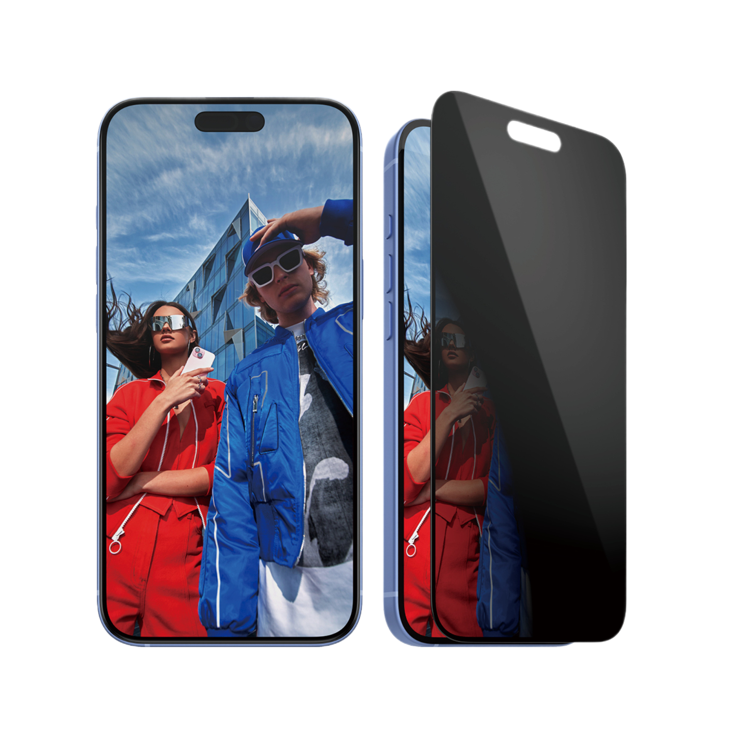 Twee telefoons met schermbeschermers erop. Eén toont een persoon, de andere is zwart.