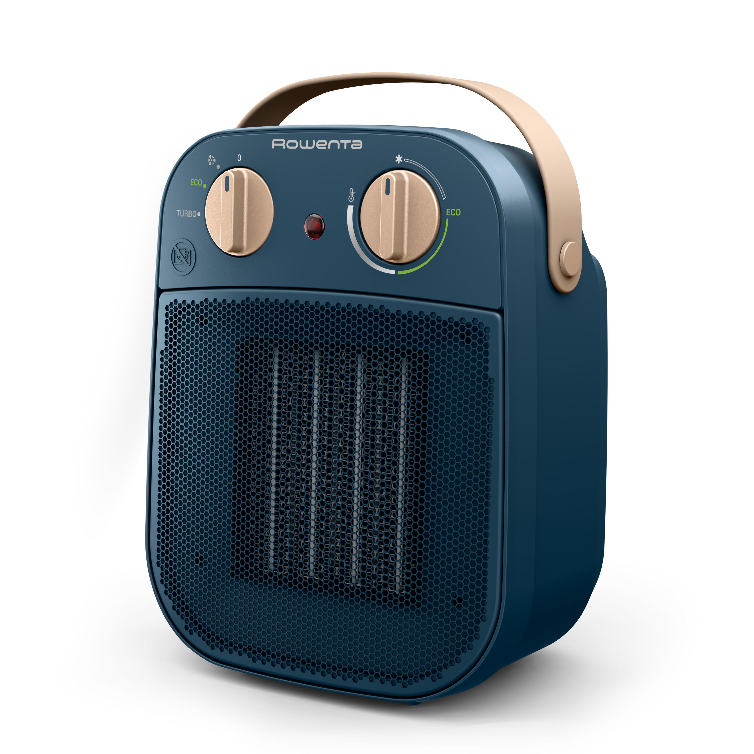 Blau-beiger Elektroheizer mit Drehreglern und Griff.