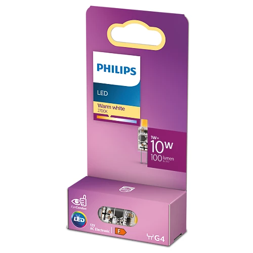 Philips LED-Glühbirnenverpackung. Enthält 1W, 100 Lumen, warmweiß, 2700K Glühbirne. EyeComfort-Logo sichtbar.