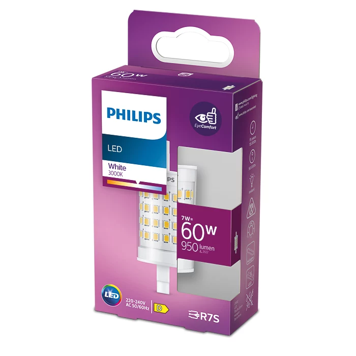 Energielabel für eine Philips LED-Glühbirne, schwarzer Hintergrund.