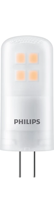 Weiße LED-Glühbirne mit vier orangen Quadraten und zwei Metallstiften am Boden.