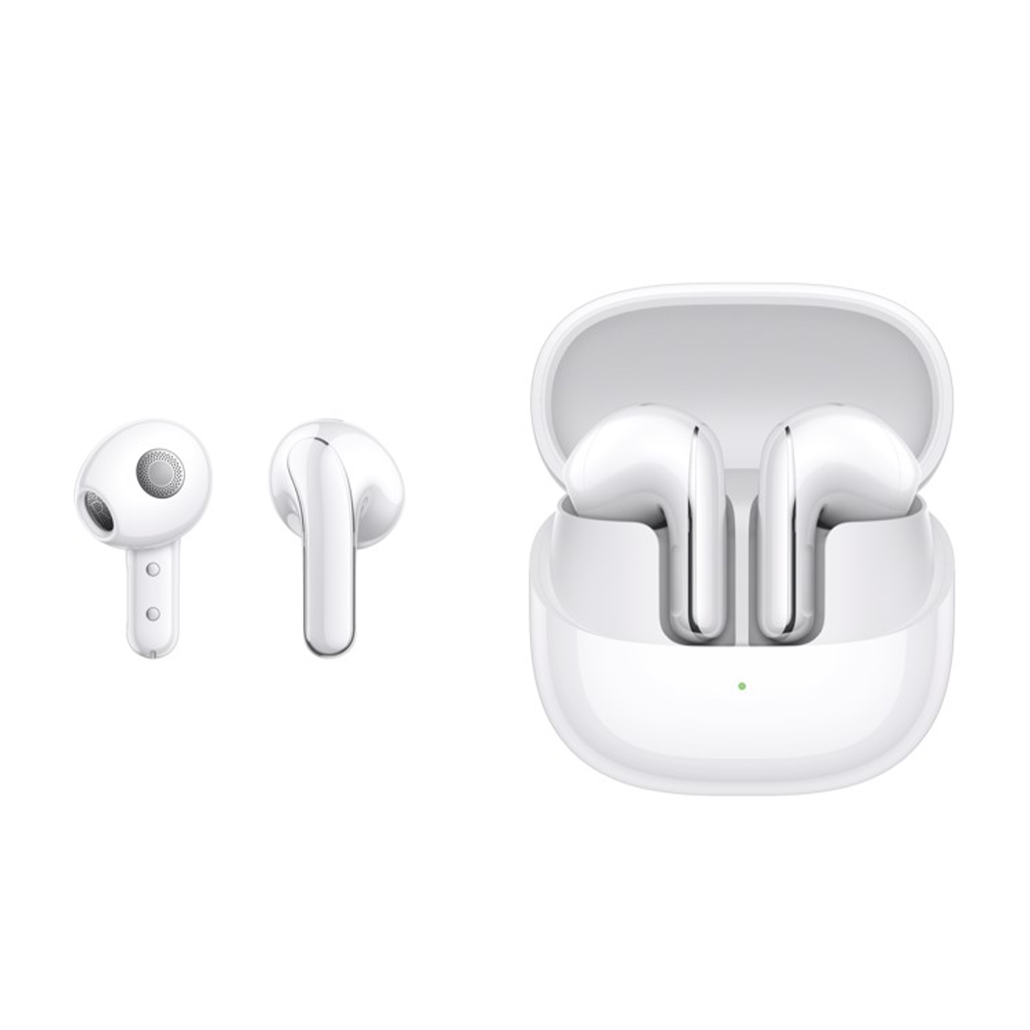 Auricolari wireless bianchi e custodia di ricarica. Auricolari davanti alla custodia.