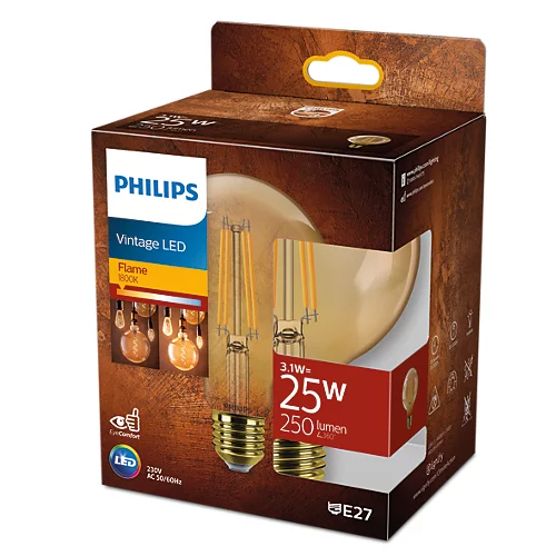 Verpackte Philips LED-Glühbirne, Vintage-Design mit Text und Grafiken.