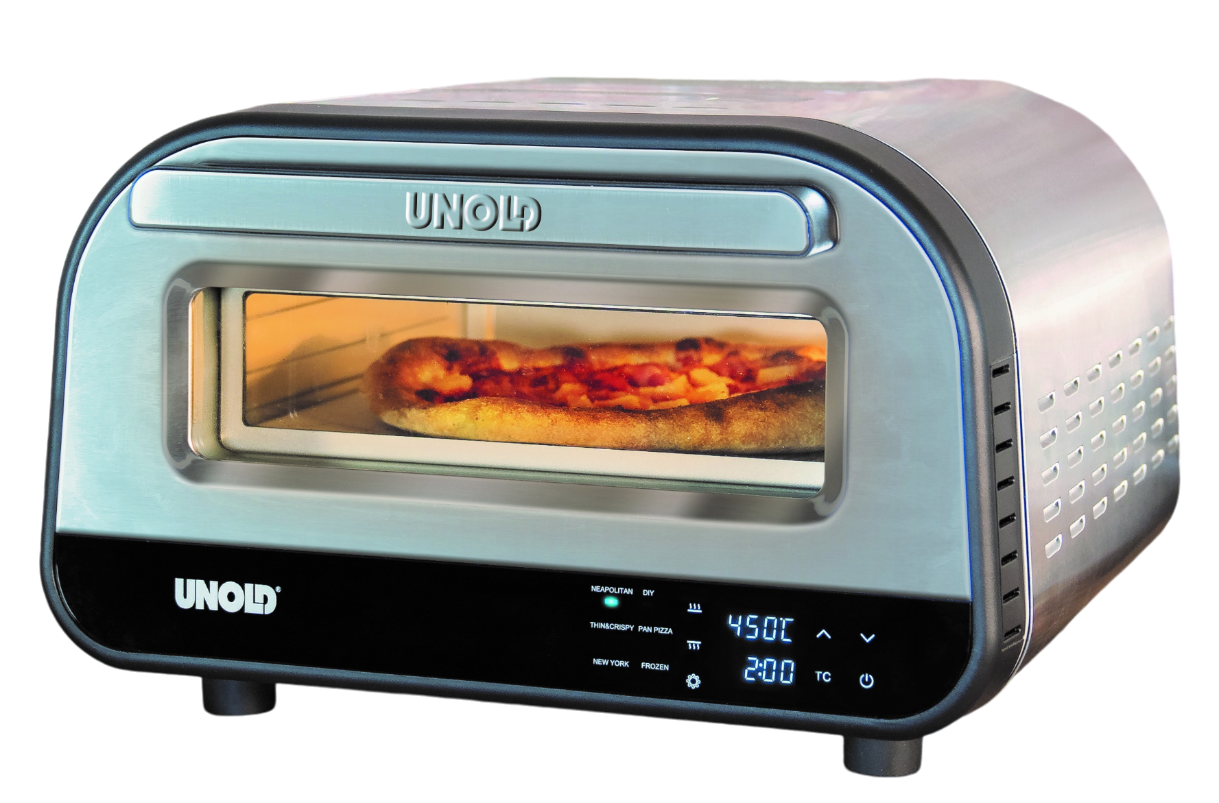 Silberner und schwarzer UNOLD Mini-Ofen. Pizza darin. Digitalanzeige zeigt Temperatur und Zeit. Schwarz.