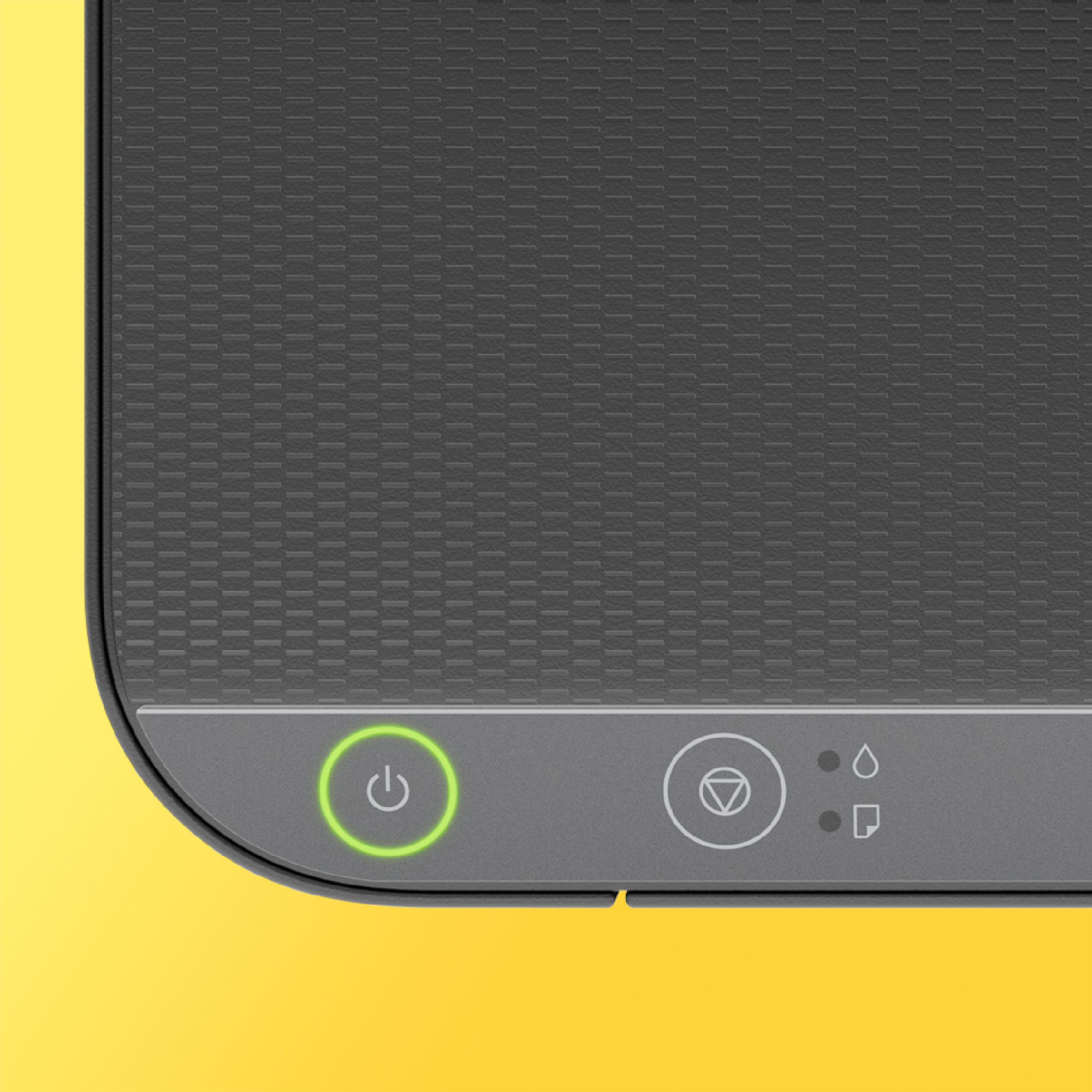 Zbliżenie panelu sterowania drukarki z przyciskami zasilania i funkcji.
