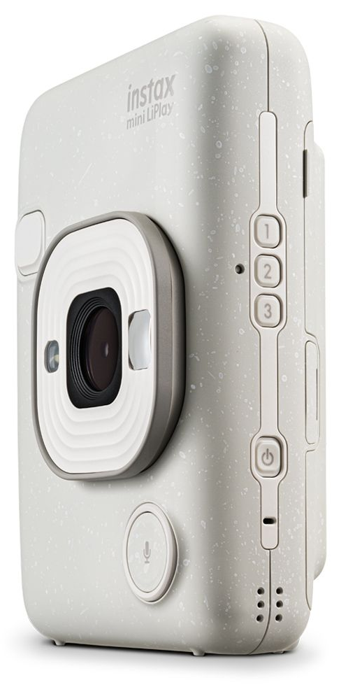 Fehér Instax kamera objektívvel és három gombbal az oldalán.