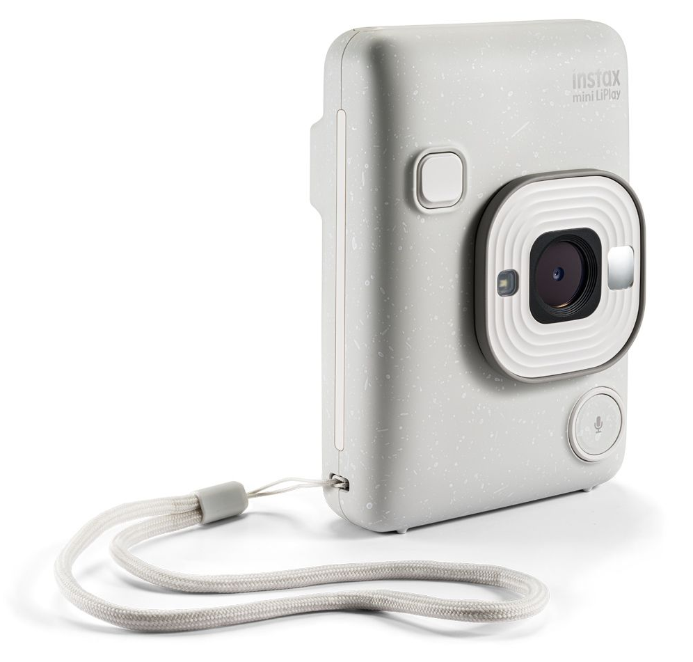 Instax mini LiPlay kamera, világosszürke csuklópánttal.
