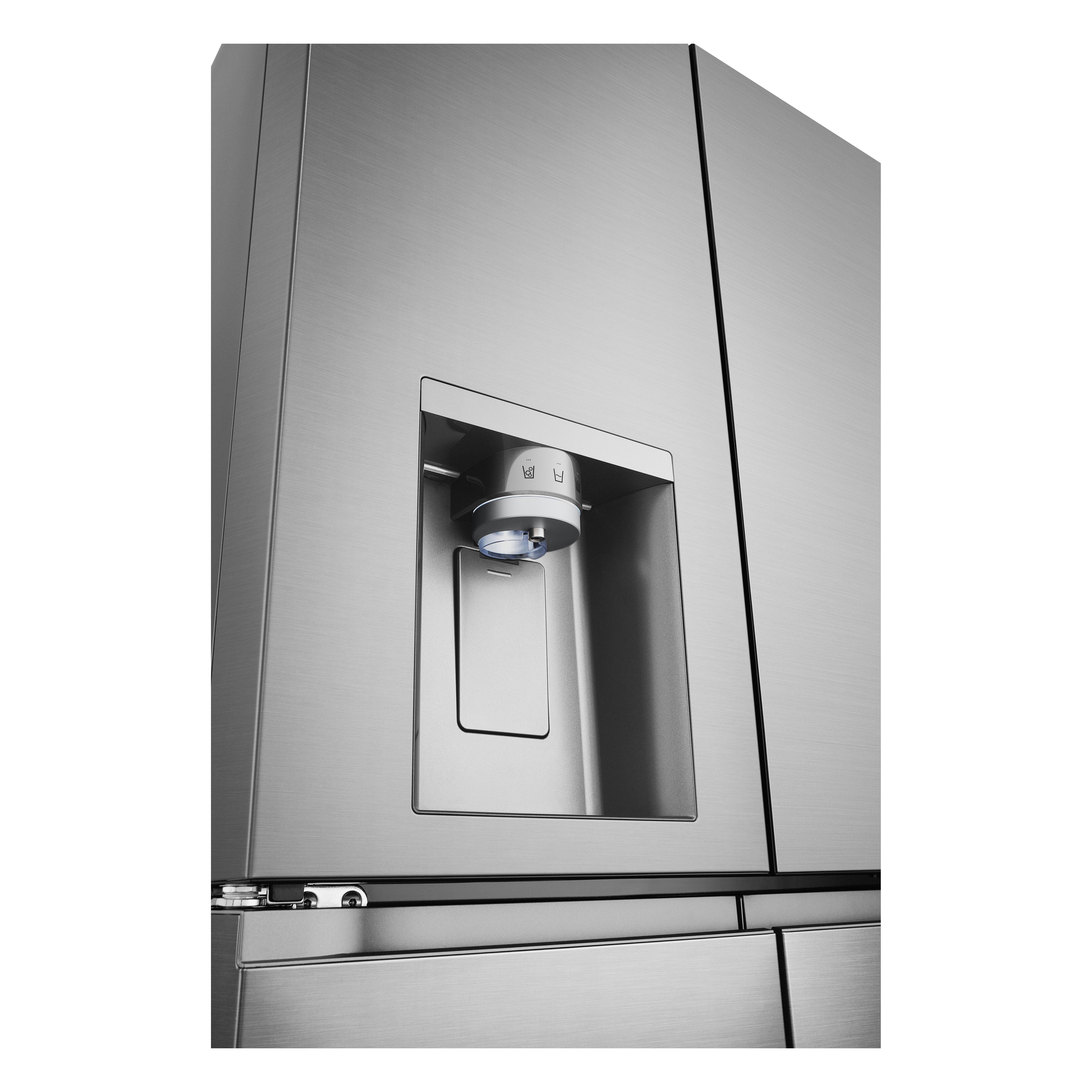 Edelstahl-Kühlschrank mit eingebautem Wasser- und Eisspender.